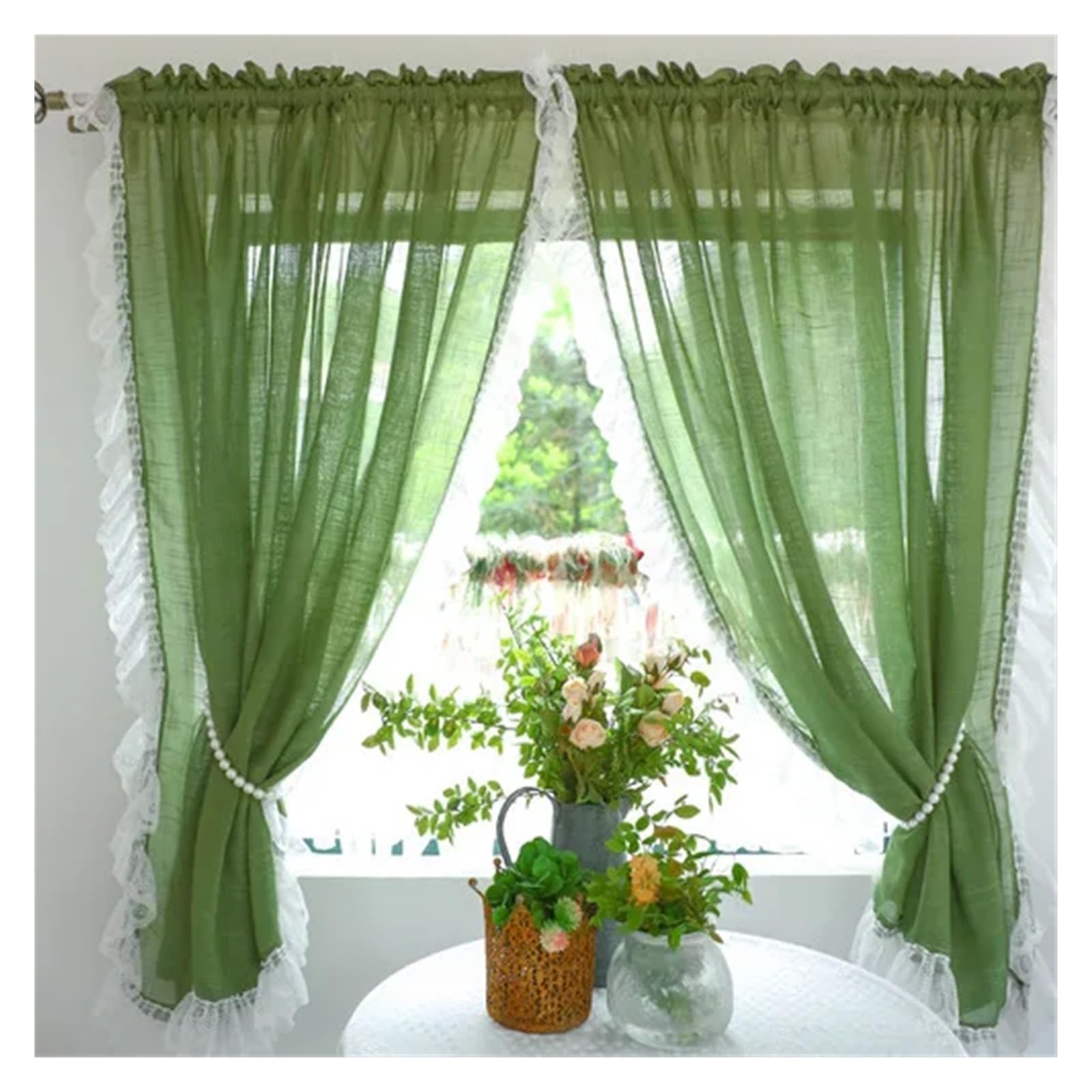 DFGRGRV Ruffle Curtains Green Purple Sheer Curtains For Living Room Bedroom Sweet Lace Short Curtain For Kitchen Bathroom Closet Window Decor(1PC Green,Hook,W100 x H140CM-1PC)