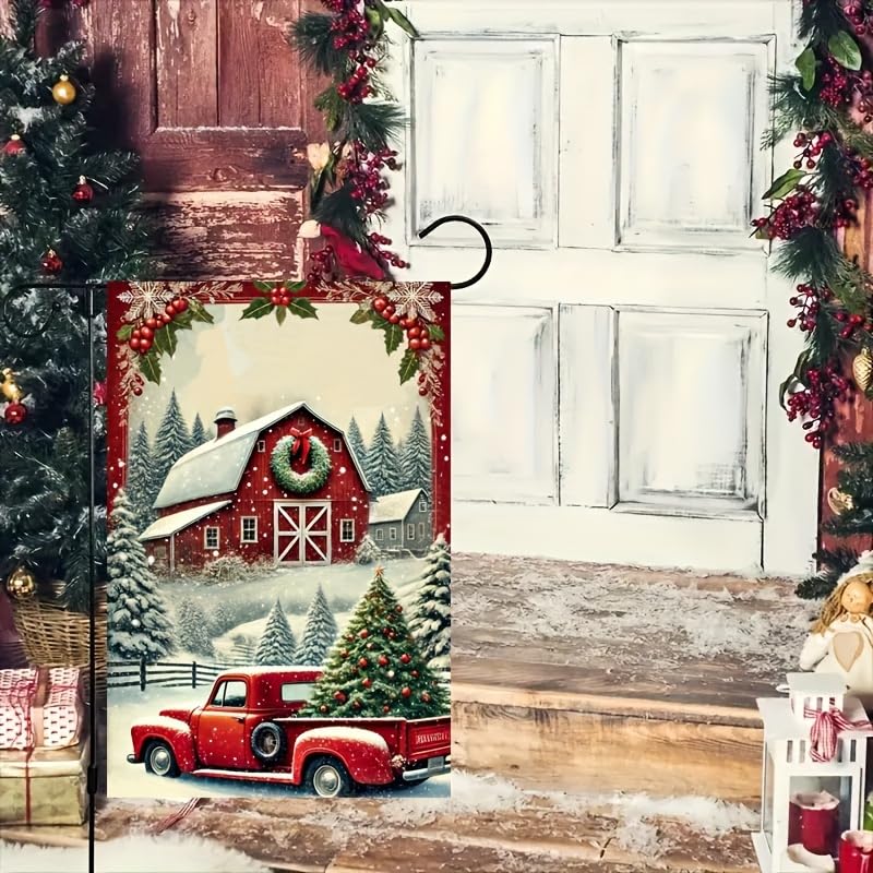 Image of Blissyard Vintage Red Truck Christmas Flag - 12x18 Inch Garden Decoration With Christmas Tree and Red Barn Scene