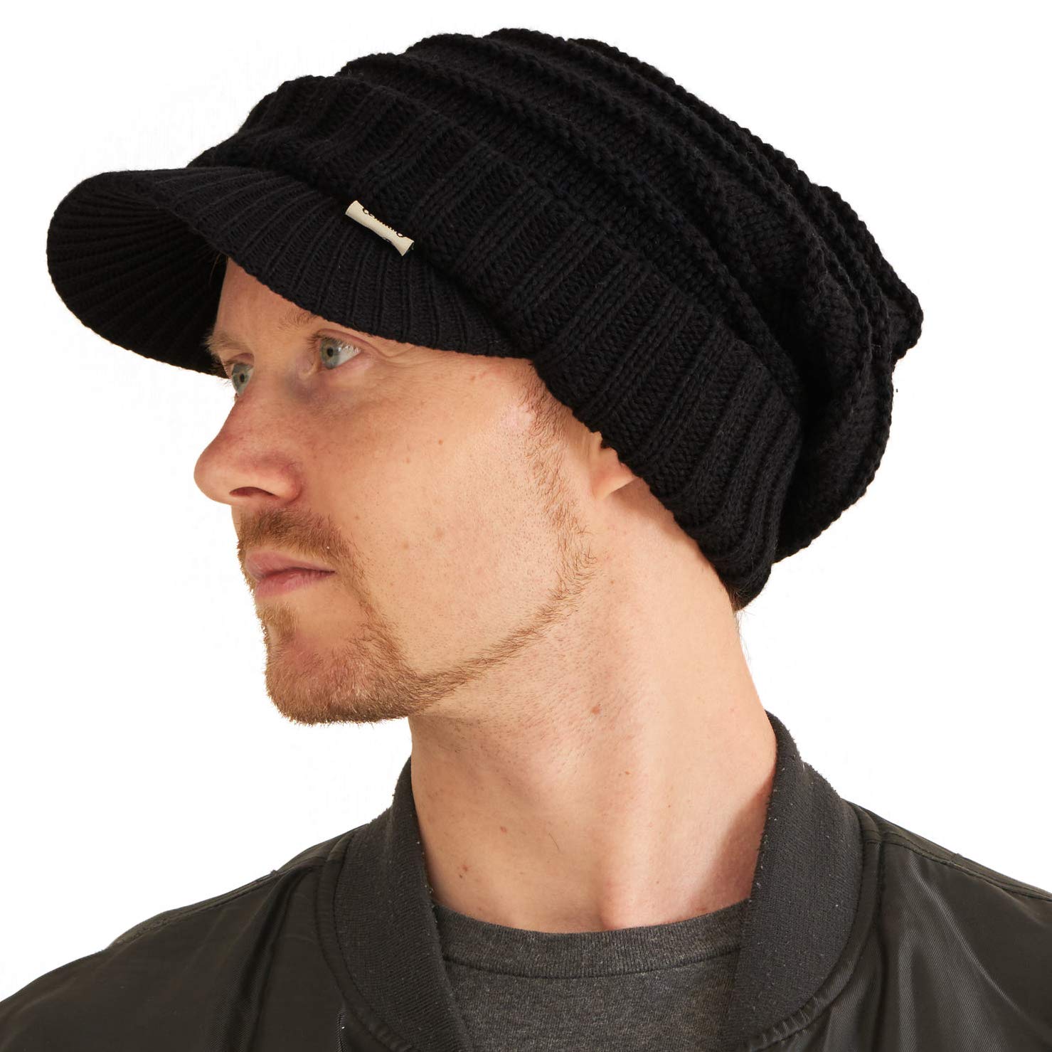 Charm Men's Black Slouchy Beanie Brim Hat - Slouch Cap Wo Warm Slouchy Brim Cable Knit With Brimmed Visor