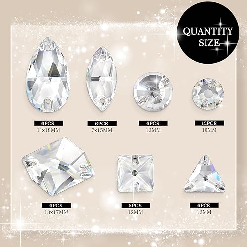 Miniatura 2 de 48 diamantes de imitación para coser con parte trasera plana de formas mixtas con 2 agujeros, gemas de cristal K9 para coser, para manualidades,