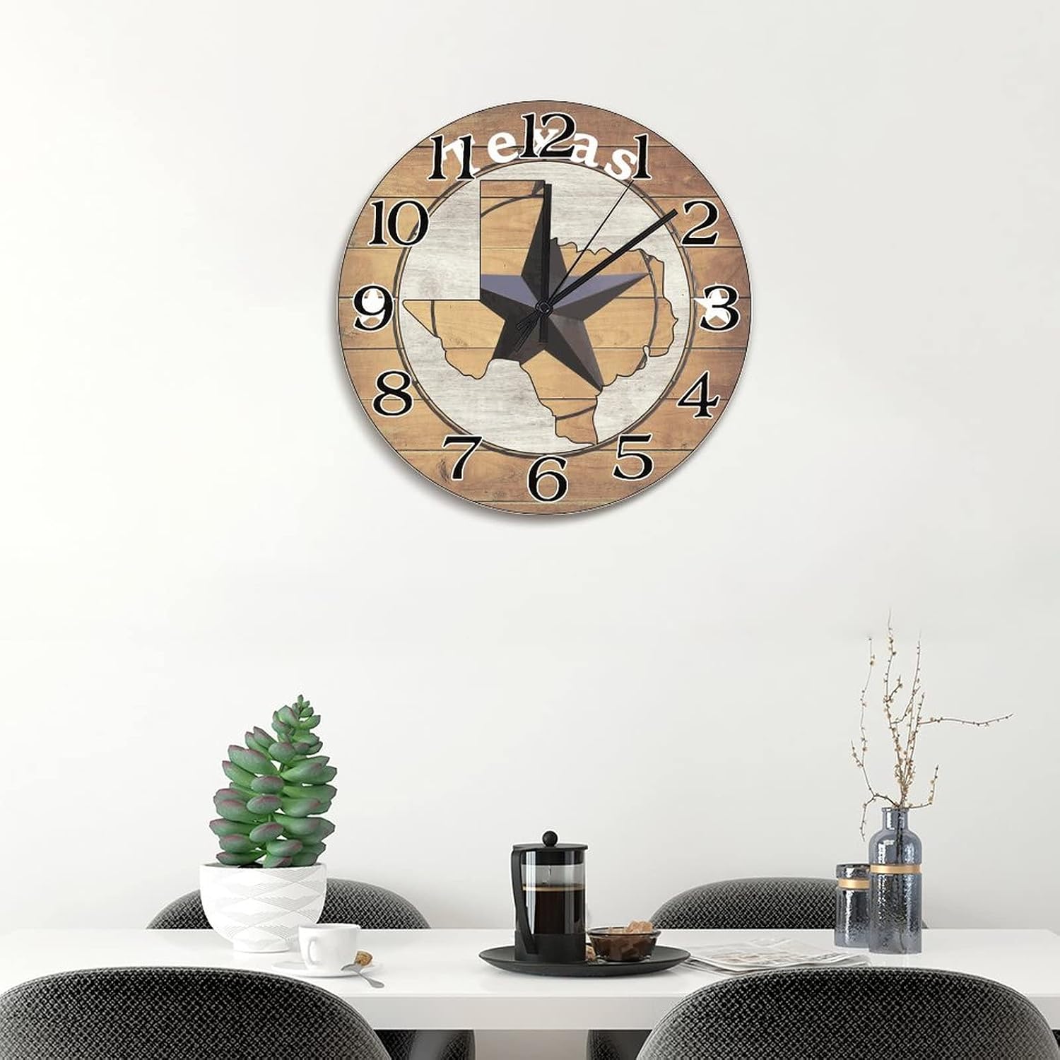 Rustic Western Texas Star Wall Clock Texas Map Clock Vintage Weathered Boards Wooden Wall Clocks Battery Operated 15 Inch Silent Wall Art Analog Clock for Bedroom Living Room Kitchen School
