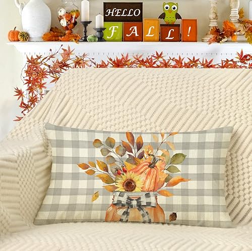 Miniatura 2 de 4TH Emotion Funda de almohada lumbar con tarro de hojas de otoño de 12 x 20 pulgadas, decoración de granja de búfalo, calabaza naranja, decoración