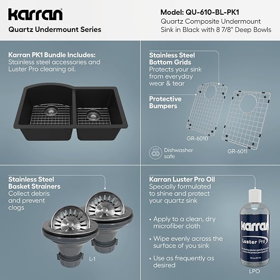 Karran QU-610 32 Inch Undermount Quartz Composite Kitchen Sink, 60/40 Double Bowl Granite Composite Sink Kit with Bottom Grids, Basket Strainers & Cleaning Oil (Black)