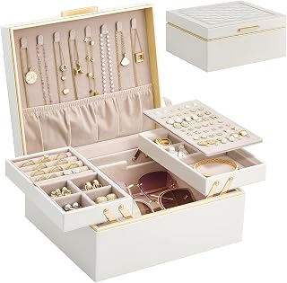 Lolalet 2-Layer Jewelry Box Organizer for Women & Girls - Large Cream Storage for Necklaces, Earrings, Rings, Bracelets - Expandable Holder Gift