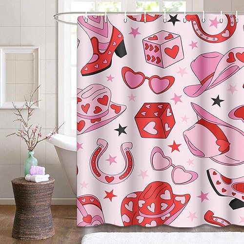 Miniatura 5 de Juego de cortinas de ducha de baño con 12 ganchos, corazón de vaquera rosa de San Valentín, decoración de baño, retro años 60 y 70 S, estética
