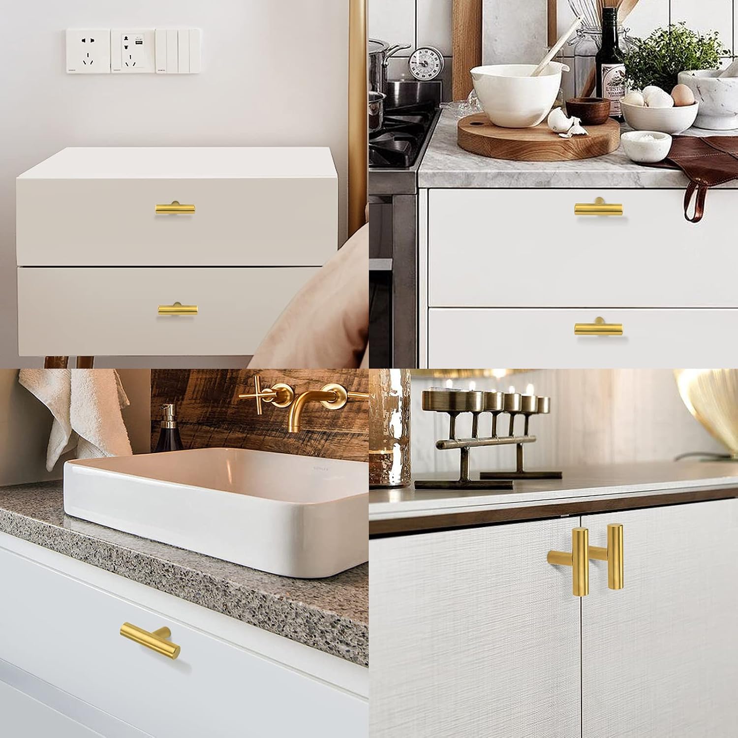 Probrico (15Pack Gold Cabinet Knobs 2" Overall Length, Modern T Bar Knobs Single Hole Dresser Pulls, Euro Style Stainless Steel Kitchen Bathroom Drawer Handles