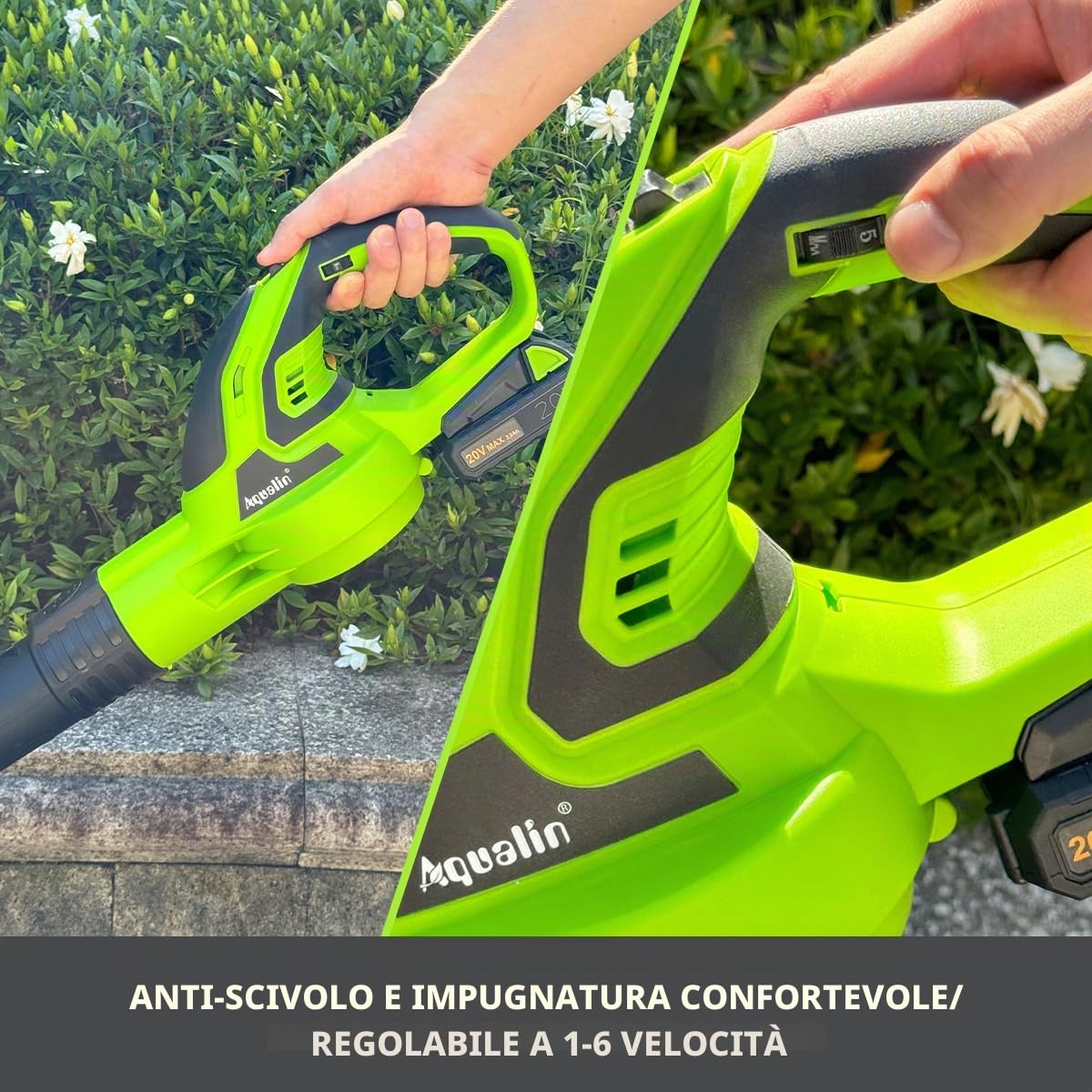 Soffiatore per foglie a batteria da 2,0 Ah, con caricatore rapido, utilizzato e una batteria per giardini, prati e cura delle foglie cadute
