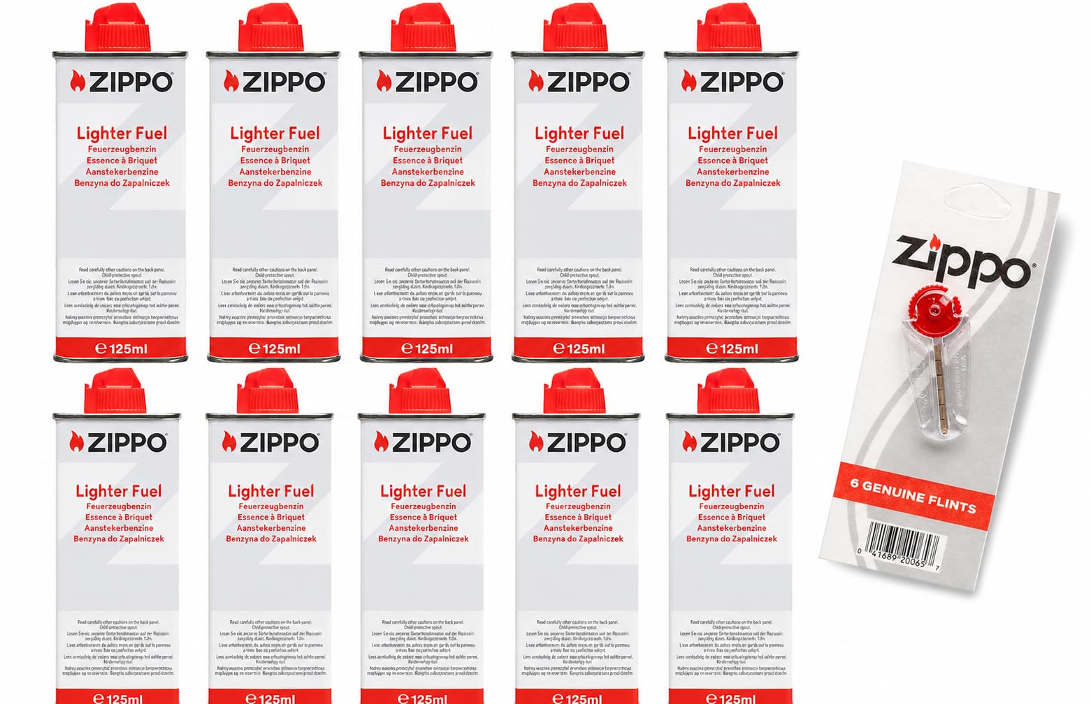 Zippo Lighter Fuel Set of 10 x Petrol Original Petrol 125 ml Each | 1 x 6 Flint