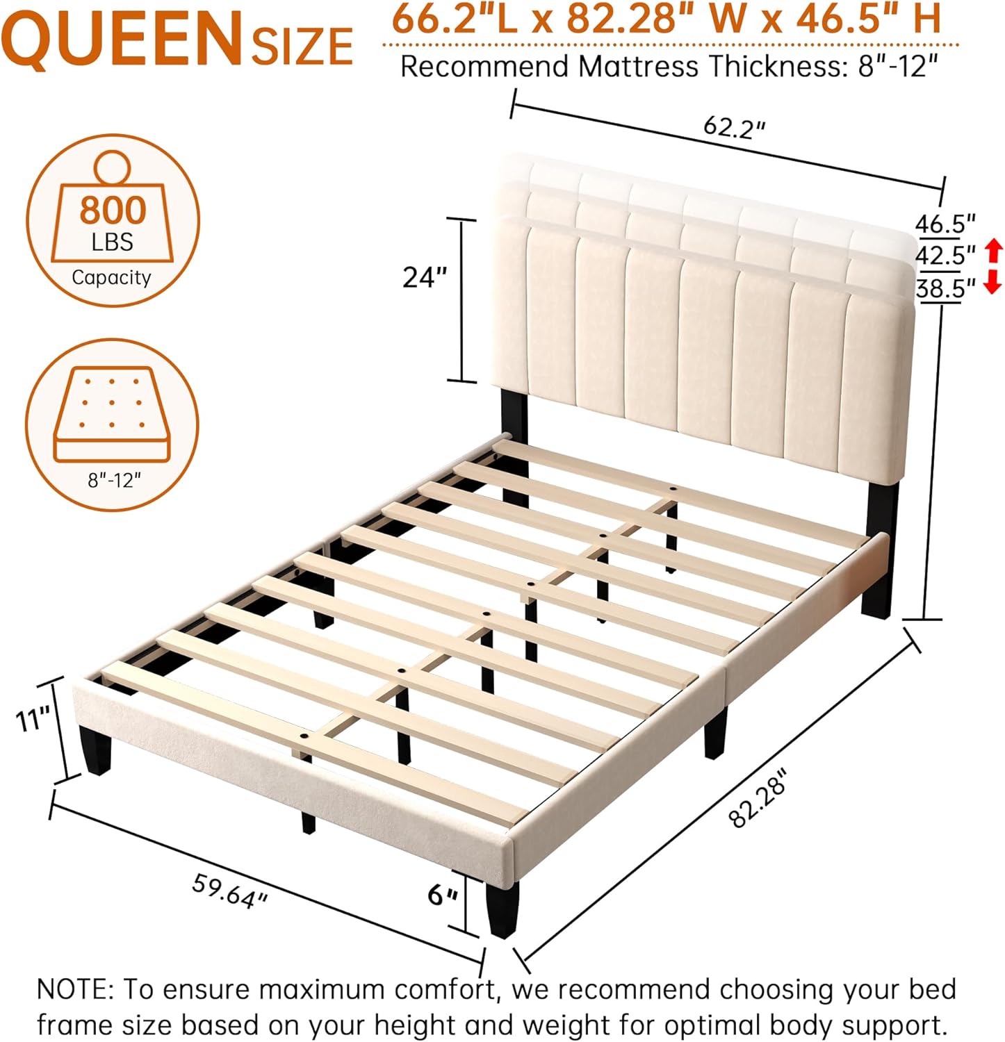 Queen Size Velvet Bed Frame with Headboard, Wooden Slat Support, No Box Spring Needed, Heavy Duty Sturdy Mattress Foundation/Easy Assembly/Eco Friendly Packaging, Beige