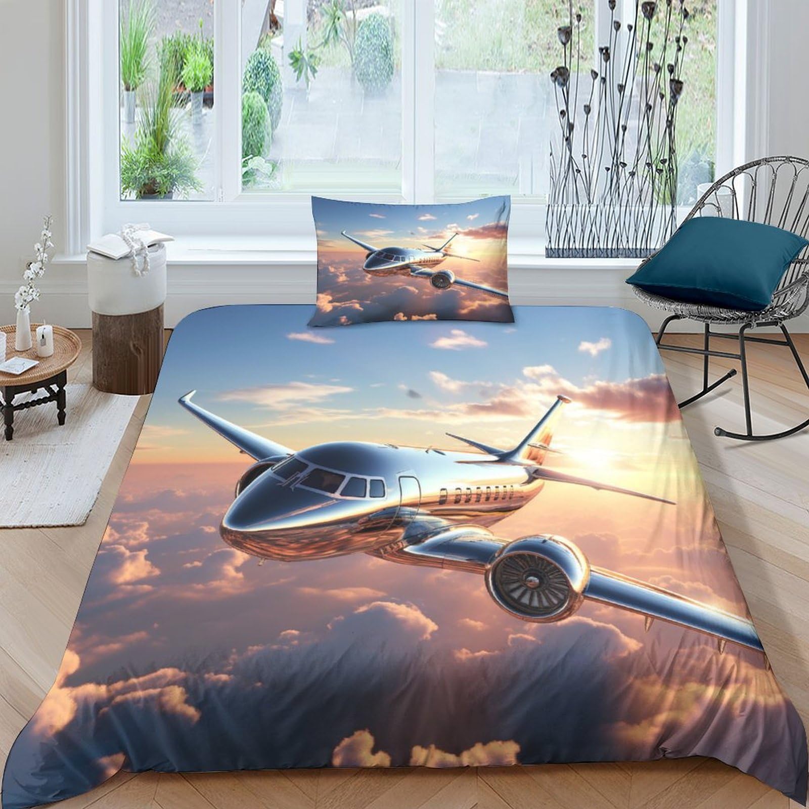 Crjus Style-11 Aircraft 2 Pieces Duvet Cover Set 3D Printed Bedding Quilt Duvet Cover With Zipper Closure For, Ultra Soft Microfiber Sky Bedding Single（135X200cm）