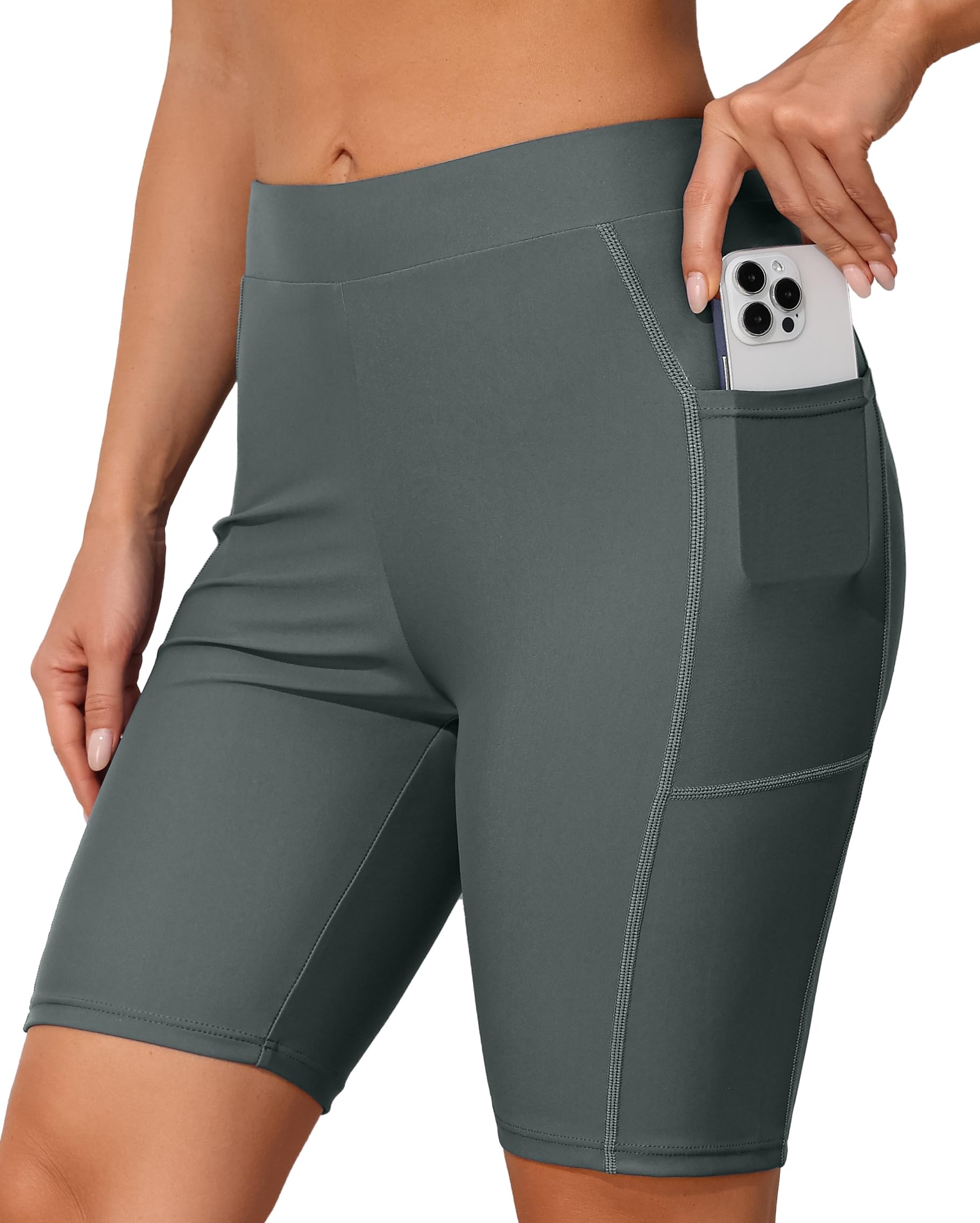 Women's Long Board Shorts High Waist Swim Bottom Solid Jammer Swim Shorts, Gray(pockets), X-Large-image-37