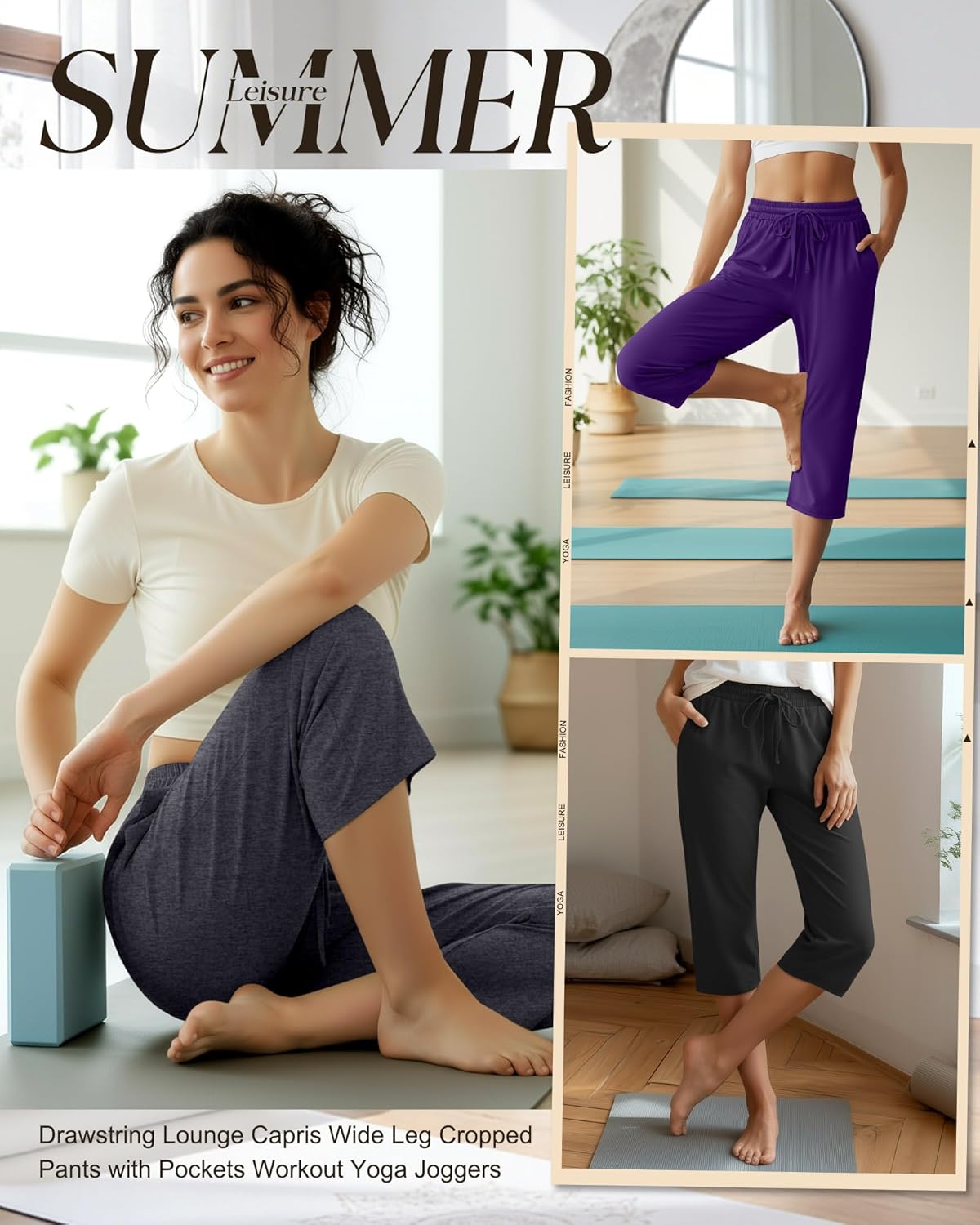 Huukeay 3 Pack Women's Capri Pants, Drawstring Lounge Capris Wide Leg Cropped Pants with Pockets Workout Yoga Joggers - Image 5