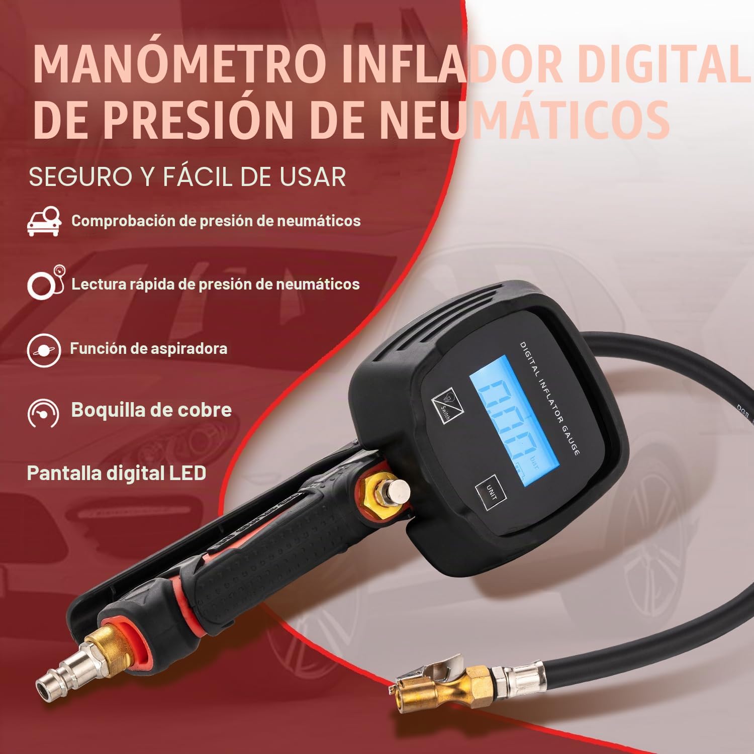 ORAZIO 4 en 1 Manómetro Presión Neumáticos Digital con Pantalla LCD, 230 PSI Pistola de Bomba Inflador de Neumáticos para Vehículos Pesados, Automóviles, Motocicletas y Bicicletas