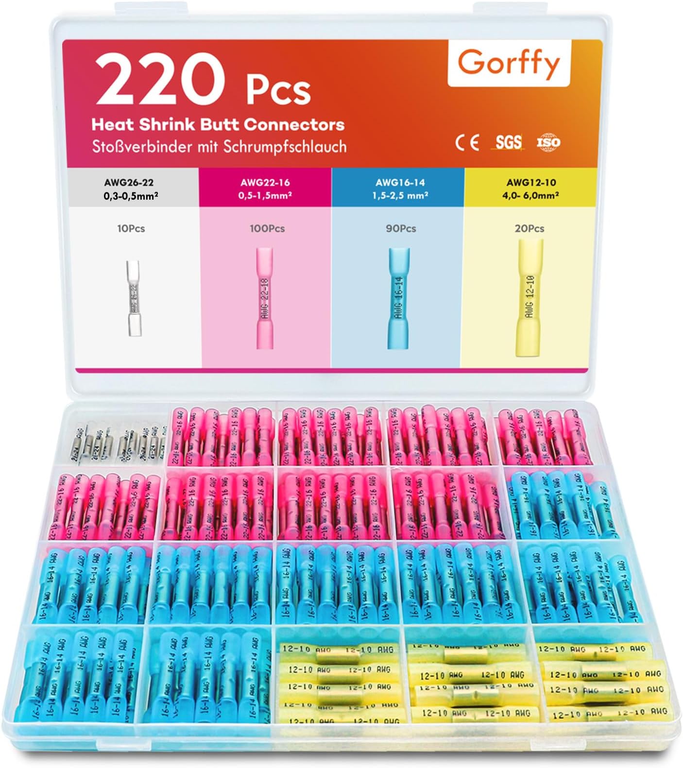 Heat Shrink Butt Connectors, 220 PCS Crimp Connectors, 26-10 AWG Wire Connector Heat Shrink, Wire Crimp Connector Marine Grade Butt Terminals(Blue/Red/Yellow/White)