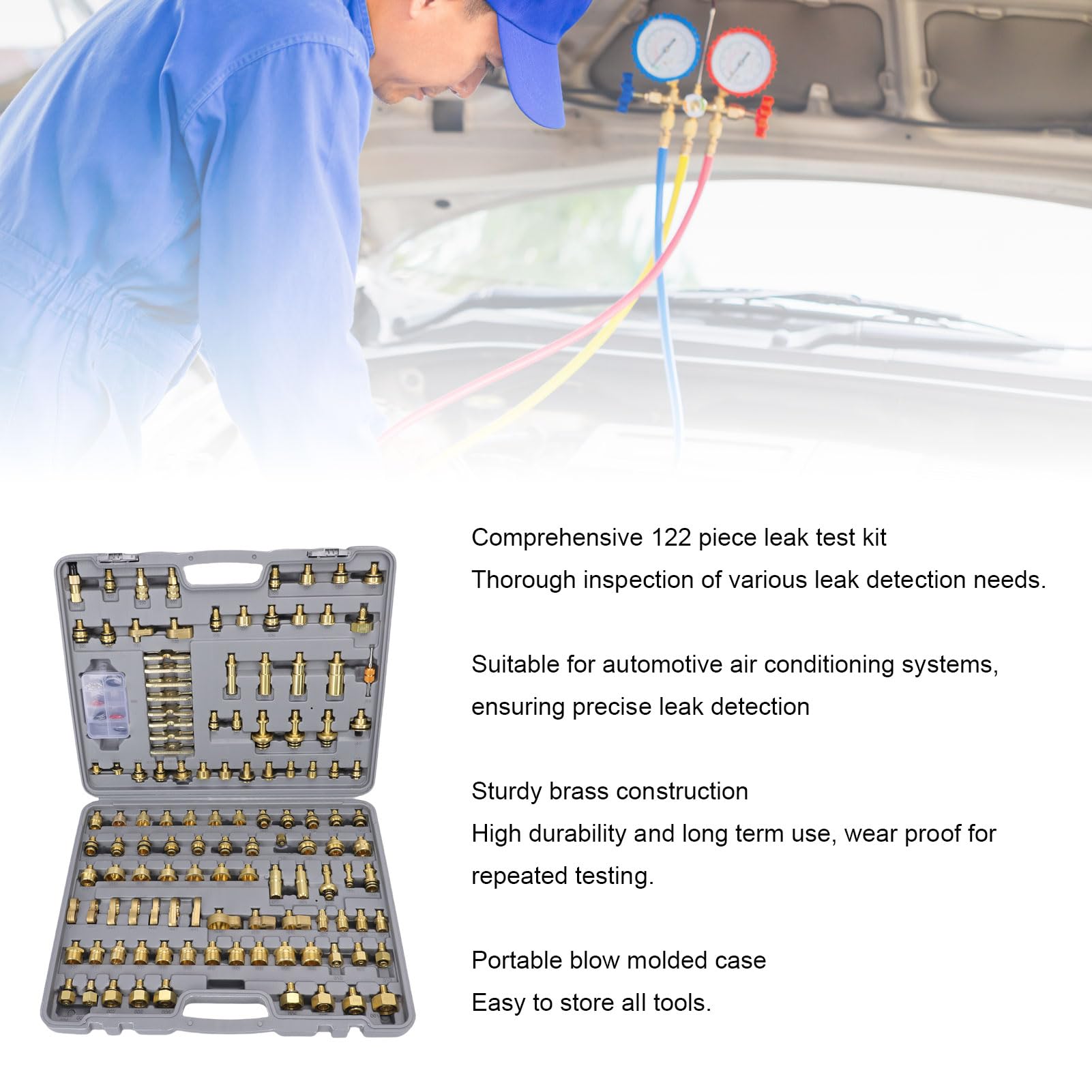 Ausla Kit de Detección de CA Automotriz Kit de Prueba de Aire Acondicionado Automático de Latón 122 Piezas con Núcleos de Válvulas y Juntas para Reparación y Mantenimiento del de CA del Automóvil
