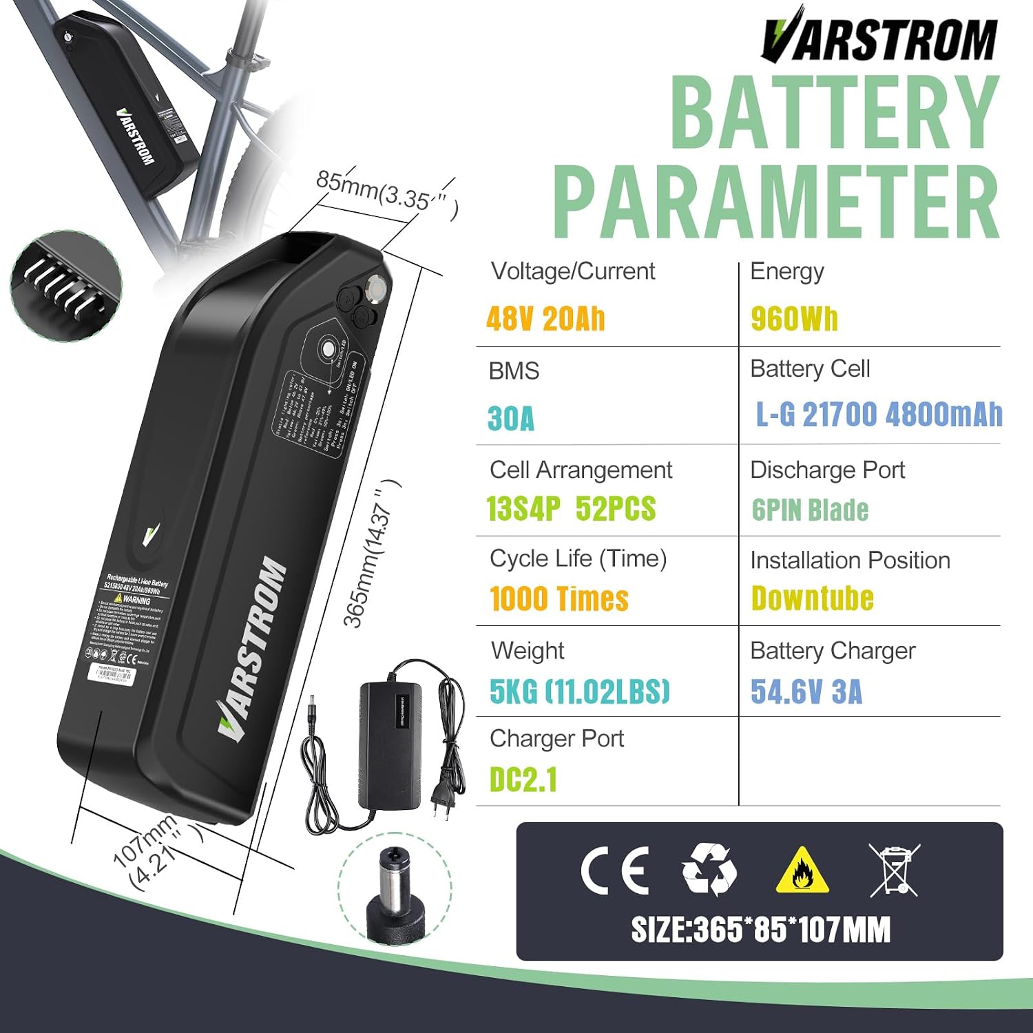 VARSTROM 48V 20Ah Downtube Battery with detailed parameters