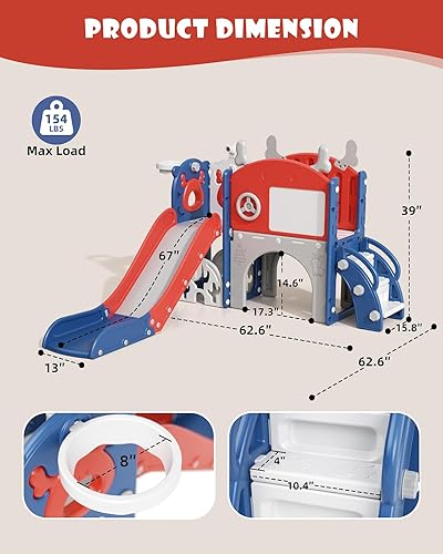 Miniatura 9 de YUFU Tobogán infantil 12 en 1 para niños pequeños, juego de tobogán con golf, tabla de dibujo, escalador, aro de baloncesto y espacio de