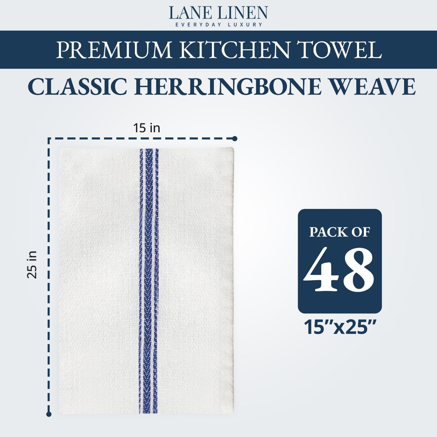LANE LINEN Kitchen Towels Bulk Set - 100% Pure Cotton Dish Towels for Kitchen, Super Absorbent Kitchen Hand Towel, Blue Tea Towels, Soft & Durable Dish Cloths, Pack of 48 – 15”x25”, Blue Stripe