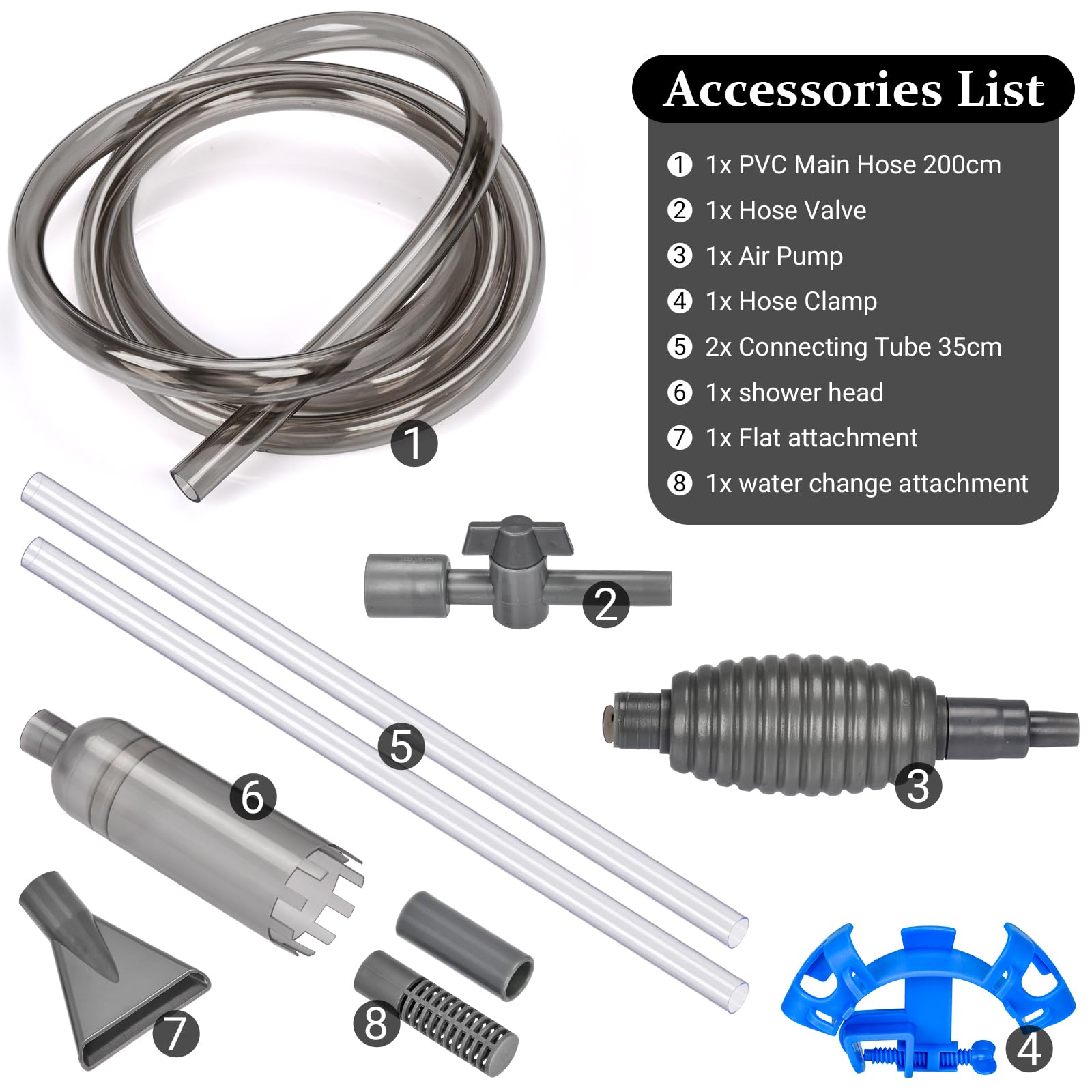 Siphon Aquarium 3 m Tuyau Nettoyeur de Gravier avec Tube Rigide 70 cm, Robinet Marche/Arrêt, Filtre, Buse Bec de Canard, Protection Sable et Support pour Nettoyage Aquarium
