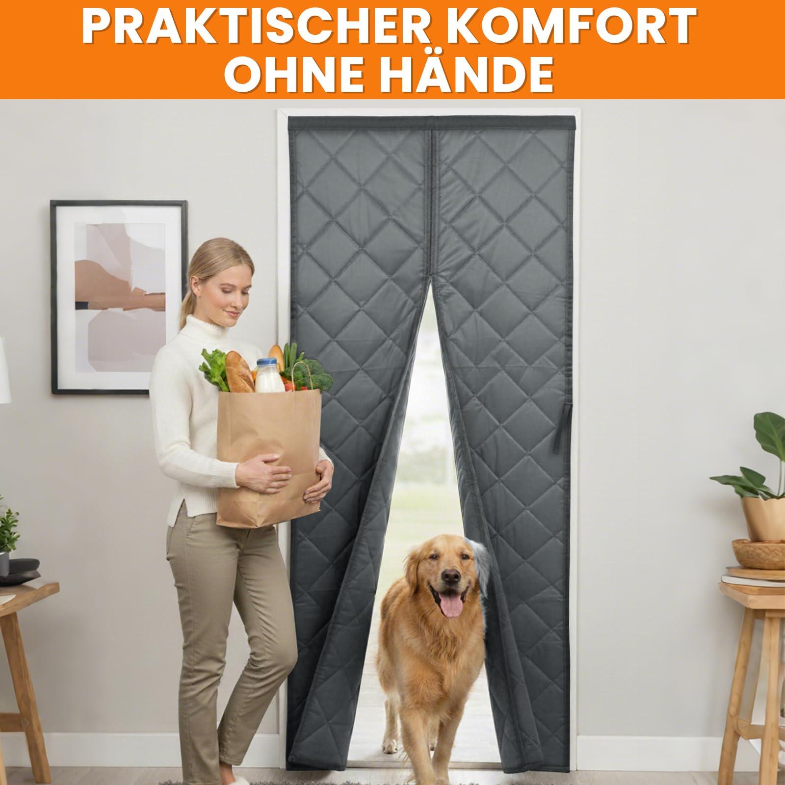 Magnetische Wärmeisolier-Türvorhang – Robuste Oxford-Stoff mit Baumwollfüllung, wetterfester berührungsloser Einlass für Winter & Sommer (90 * 210 cm)