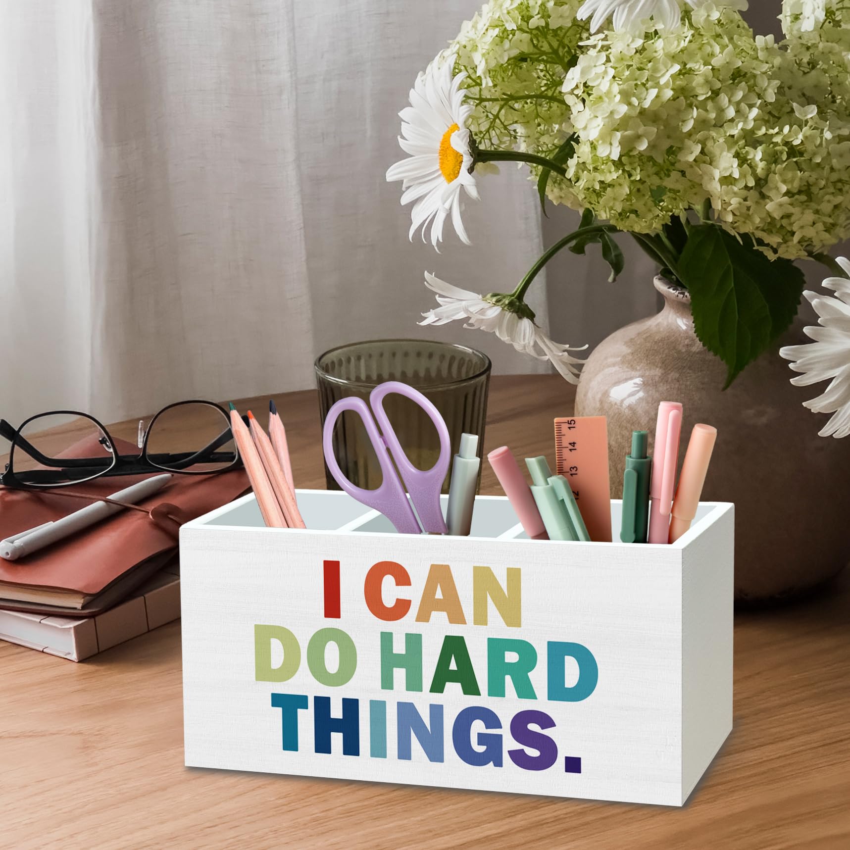 DILSJ Inspirierender Boho-Stiftehalter für den Schreibtisch, Boho-Klassenzimmer-Dekor, inspirierende Geschenke, "I Can Do Hard Things", motivierende Holzbox-Schilder für Zuhause, Büro, Schreibtisch