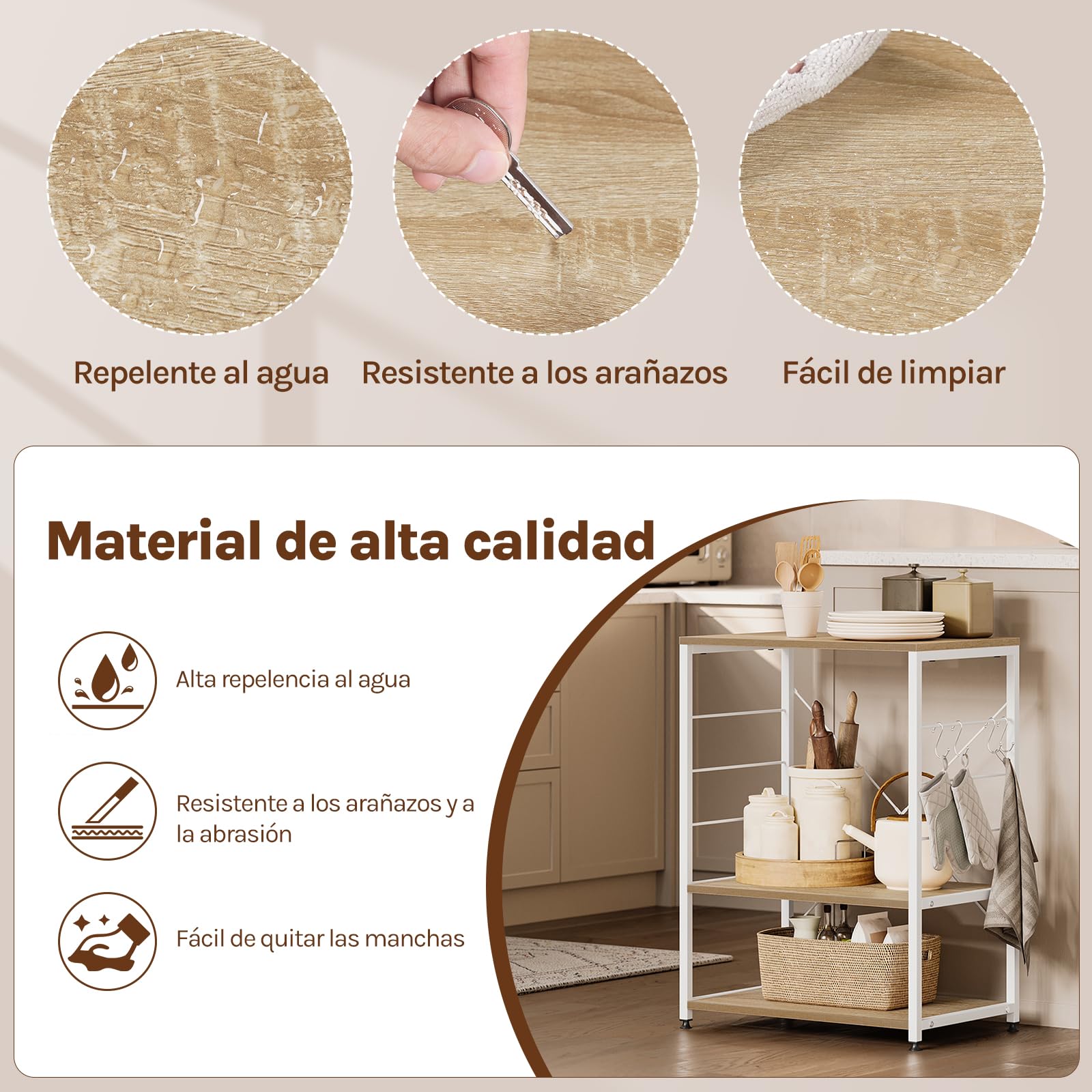 WOLTU Estantería de Cocina de Microondas de Madera y Acero con 3 Estantes 60 x 40 x 82 cm, Blanco + Roble Claro