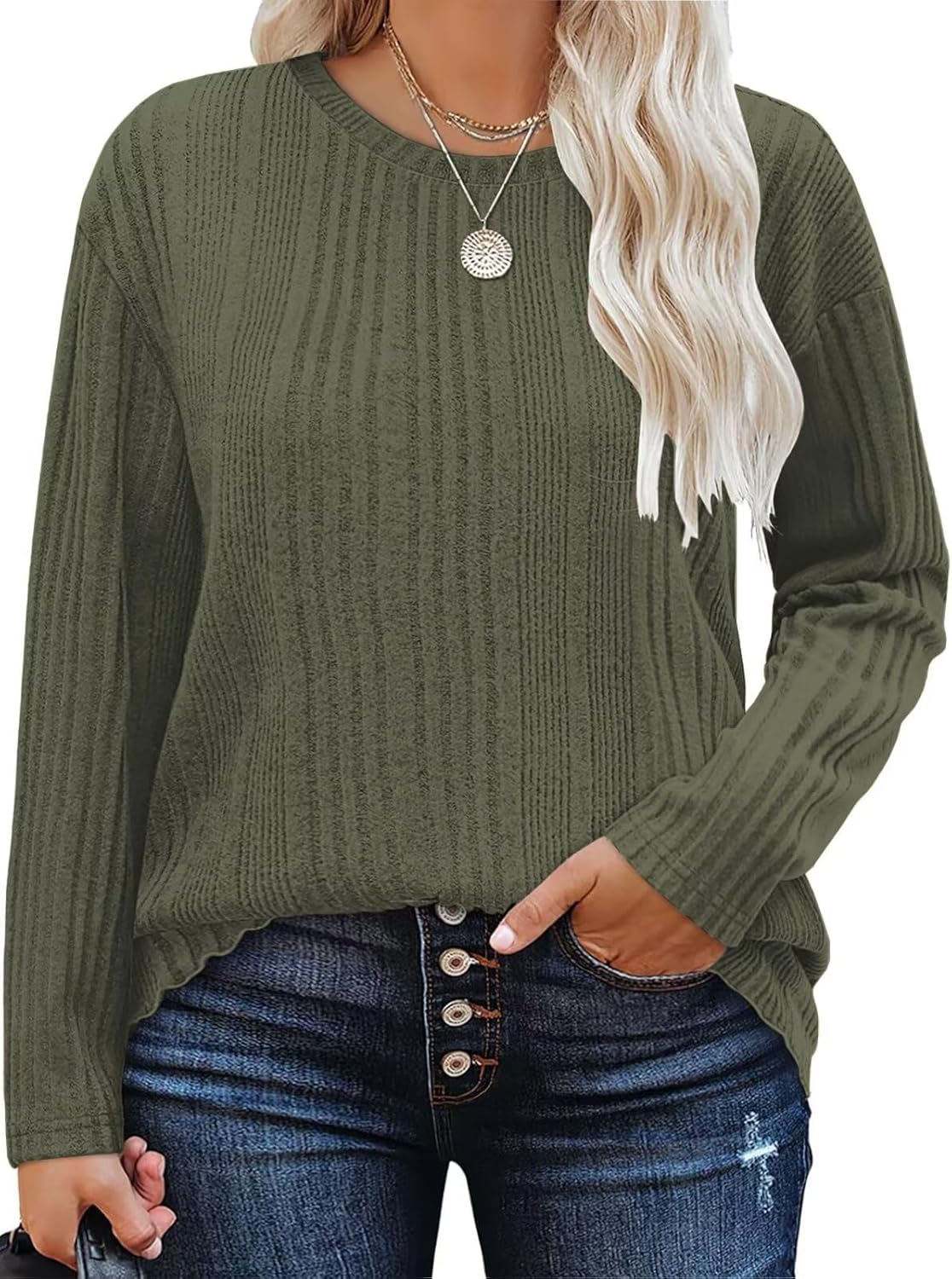 DOLNINE Plus-Size-Tops for Women Casual Crewneck Shirts Comfy Long Sleeve Tees Ribbed Knit Lightweight Sweatshirts XL-5XL