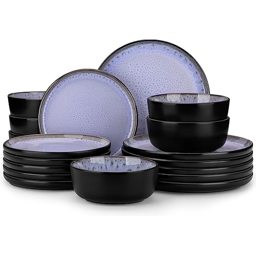 vancasso Plates and Bowls Sets, 18 Pieces Stoneware Dinnerware Sets for 6, Kitchen Dish Set Mircowave and Dishwasher Safe Dinner Set Ceramic Dishware, Light Purple, Series AMBER