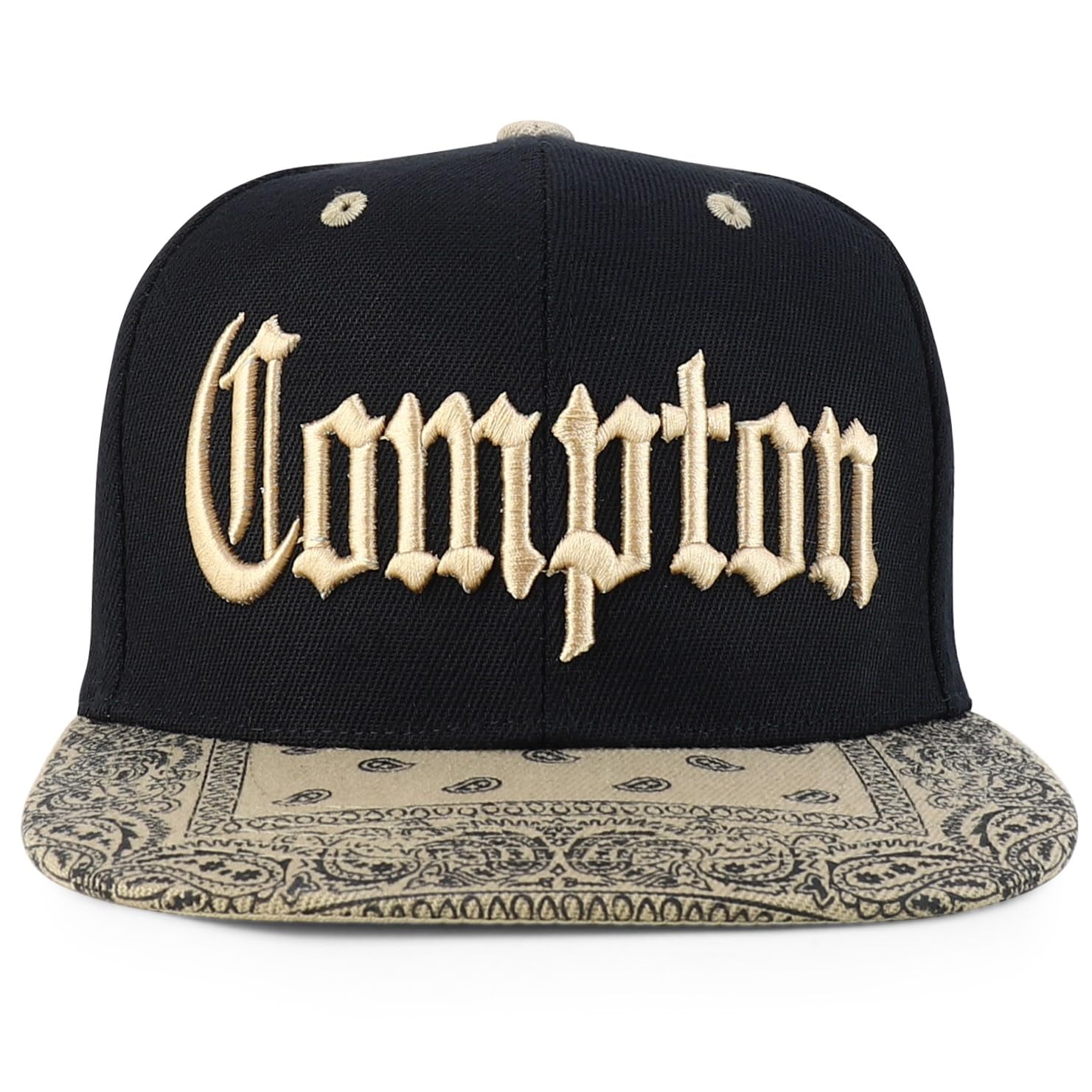 Trendy Apparel Shop Compton Old English Font Embroidered Bandana Flatbill Cap - Black Khaki