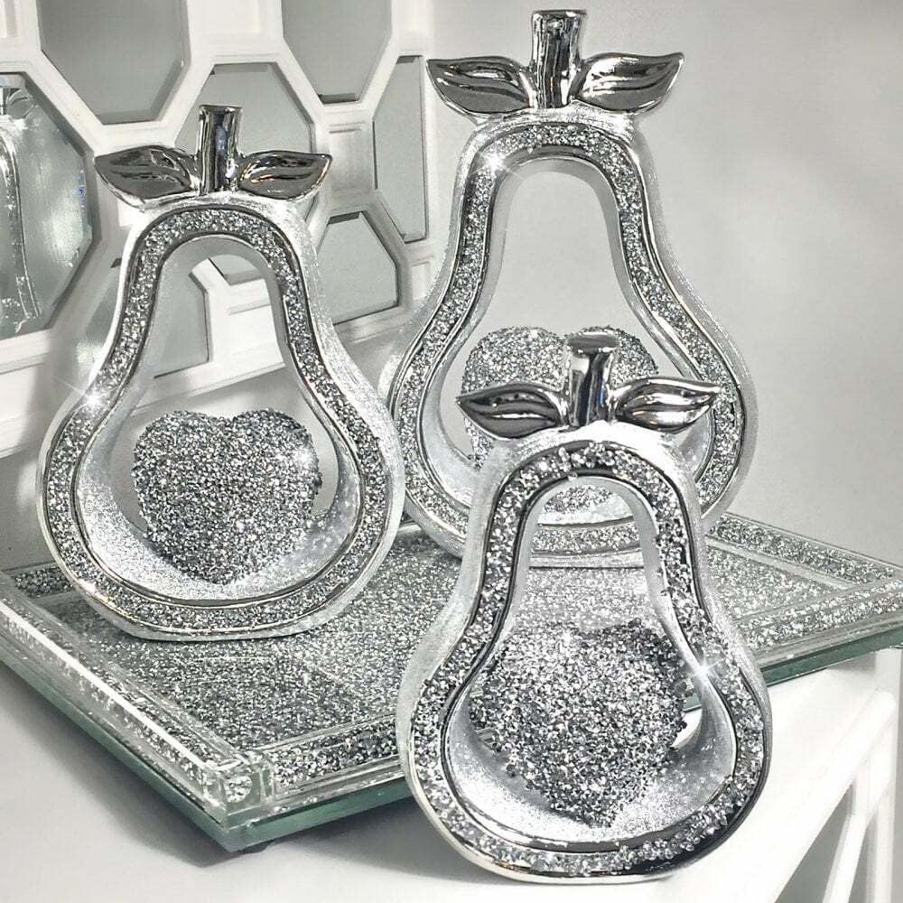 DEENZ Xl Set Of 3 Silver Pears Sparkle Bling Ornament Crushed Diamond Home Décor Best For Gift