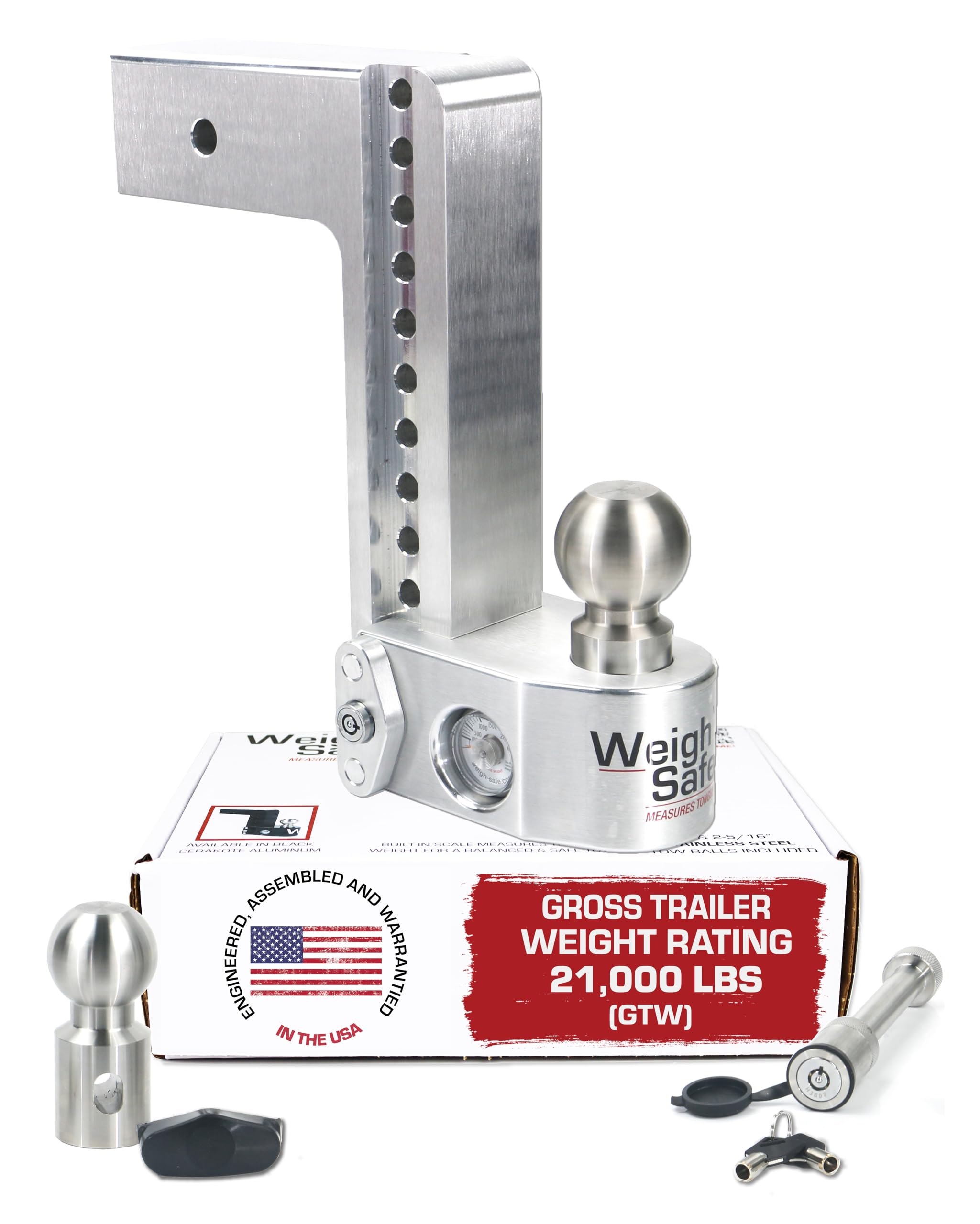 Weigh Safe Aluminum Adjustable Trailer Hitch - Anti-Sway Towing Hitch for 3" Receivers - 10" Drop Hitch, 21,000 lbs GTW, 2-Piece Lock Set