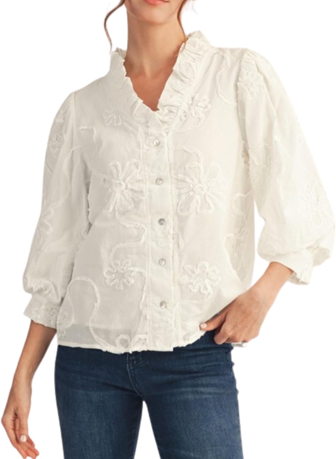 Mannjin Womens 3D Floral Button Down Ruffled Blouse V Neck 3/4 Puff Sleeve Embroidered Shirt Tops