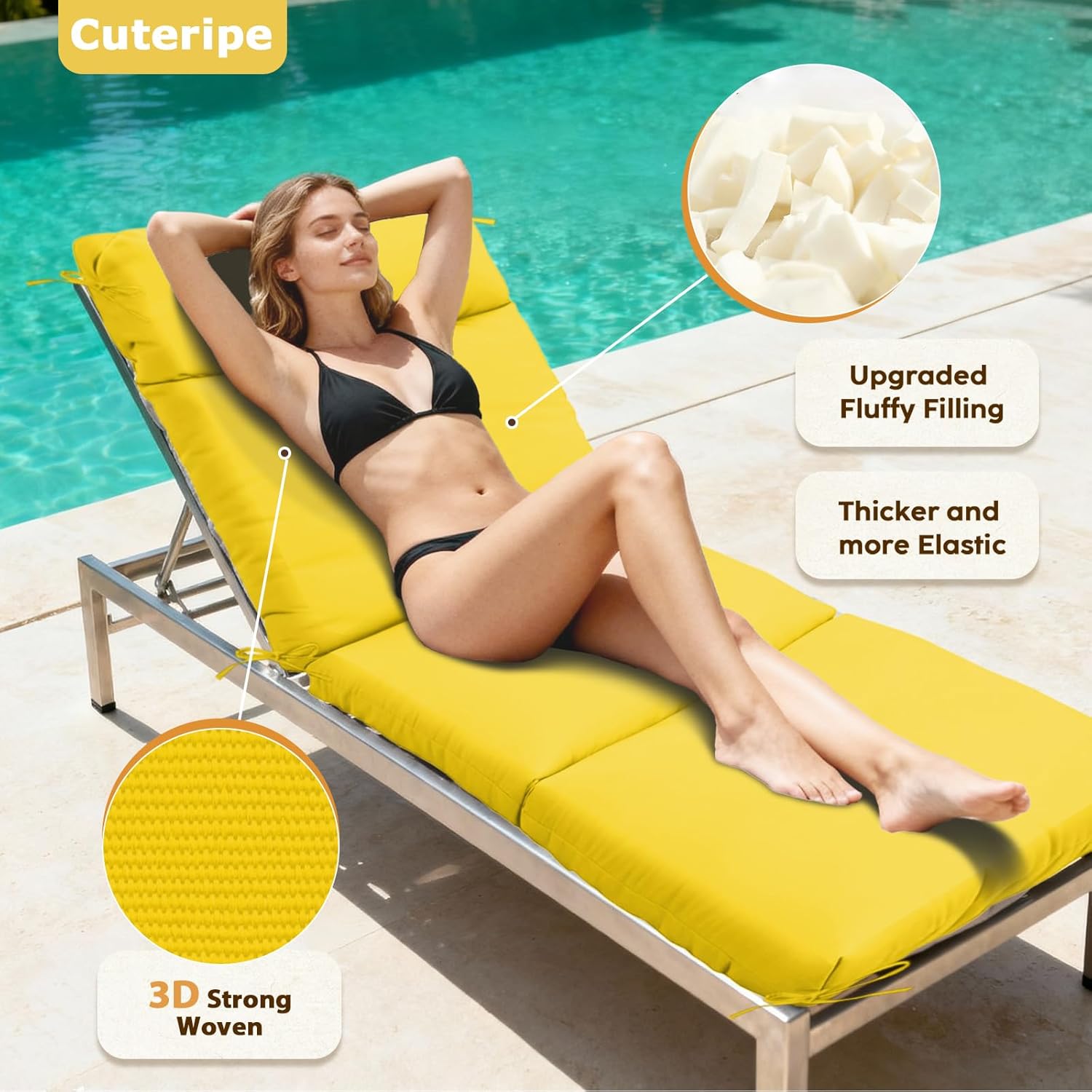 2 Pack Chaise Lounge Chair Cushions 72x21x3 Inch Outdoor Lounger Cushion Set of 2 Waterproof and Fade Resistant Seat Pad Replacement for Patio Furniture with Removable Cover, Yellow