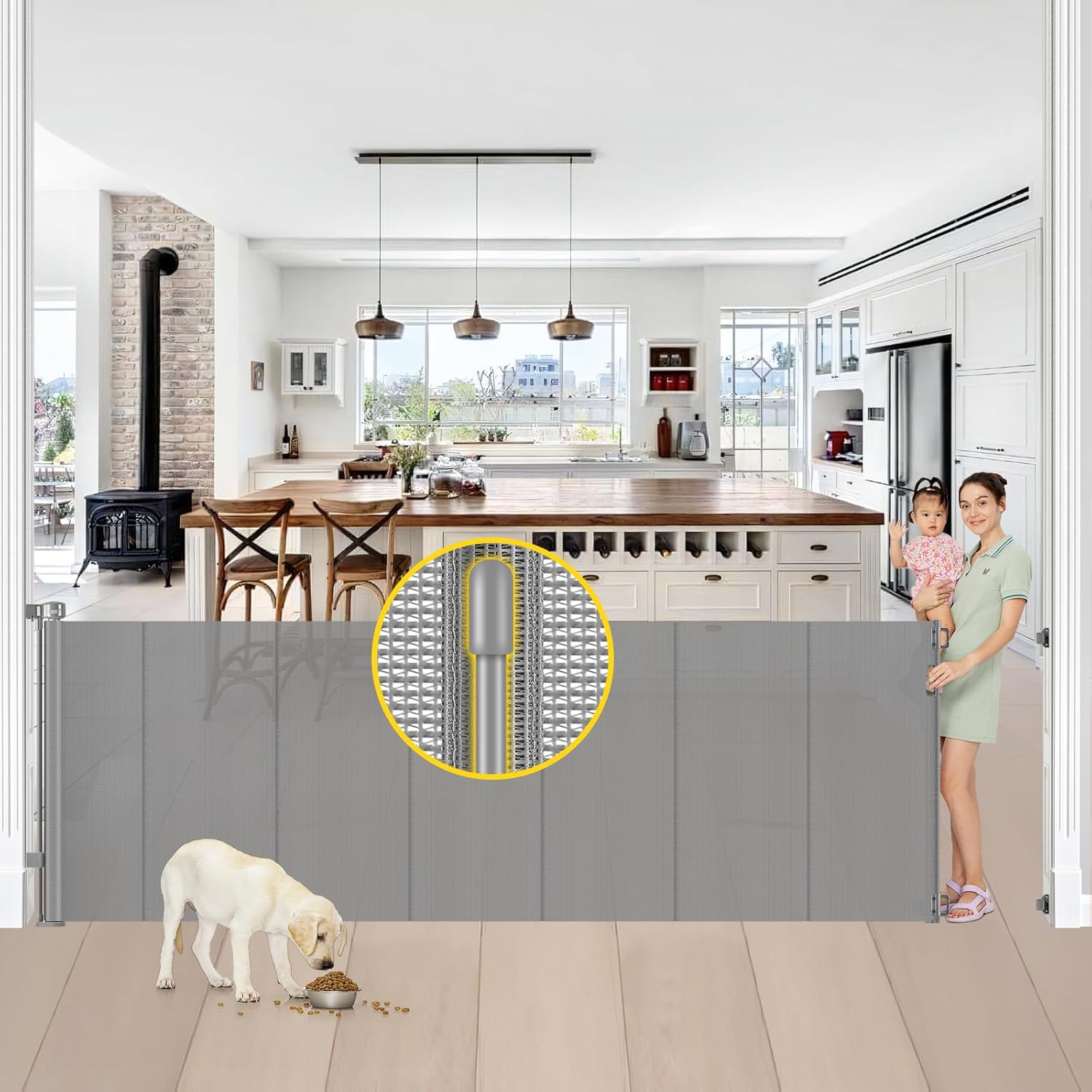 Reinforced 42” Tall x 100” Wide Retractable Baby Gates Extra Tall Dog Gate with Rods to Prevent Crawling Through, Extra Tall Pet Gate for Large Openings Extra Wide Mesh Baby Gate for Stairs, Gray Gray Reinforced 42" Tall x 100" Wide