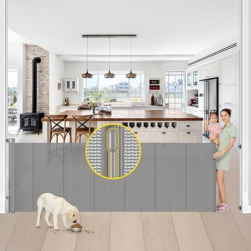 Miniatura 17 de Puertas retráctiles para bebés extra altas reforzadas de 42 pulgadas con varillas, se extienden hasta 60 pulgadas de ancho, puerta retráctil alta