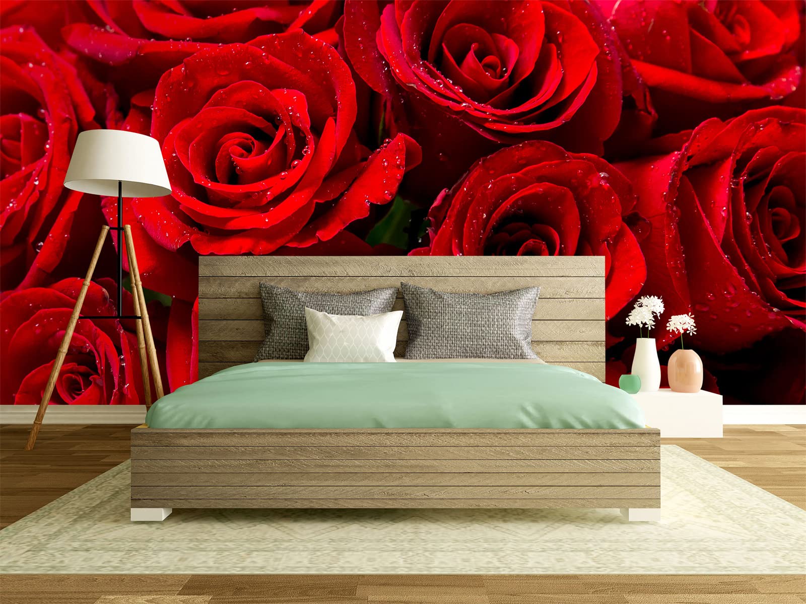 FLFK Carta da parati 3D con rose rosse e fiori, rimovibile, grande carta da parati per soggiorno, camera da letto, decorazione per la casa, 250 x 160 cm (non autoadesiva)