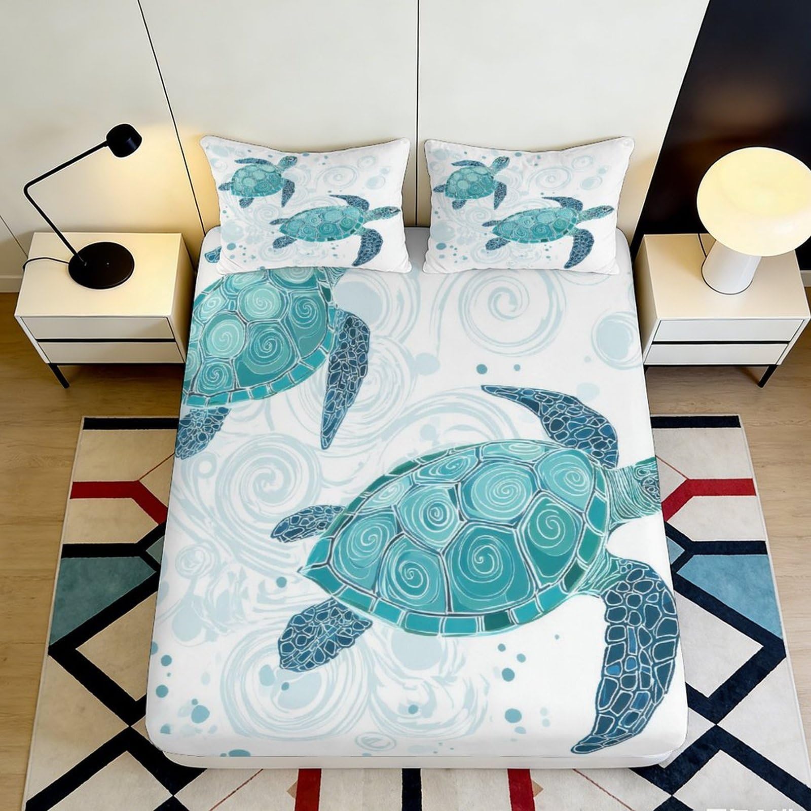 3D Printed Sea Turtle Fitted Sheet Microfiber Soft Breathable Ocean Pattern Mattress Cover for Bedroom Dormitory Guest Room Protection Decor 120x200x25cm