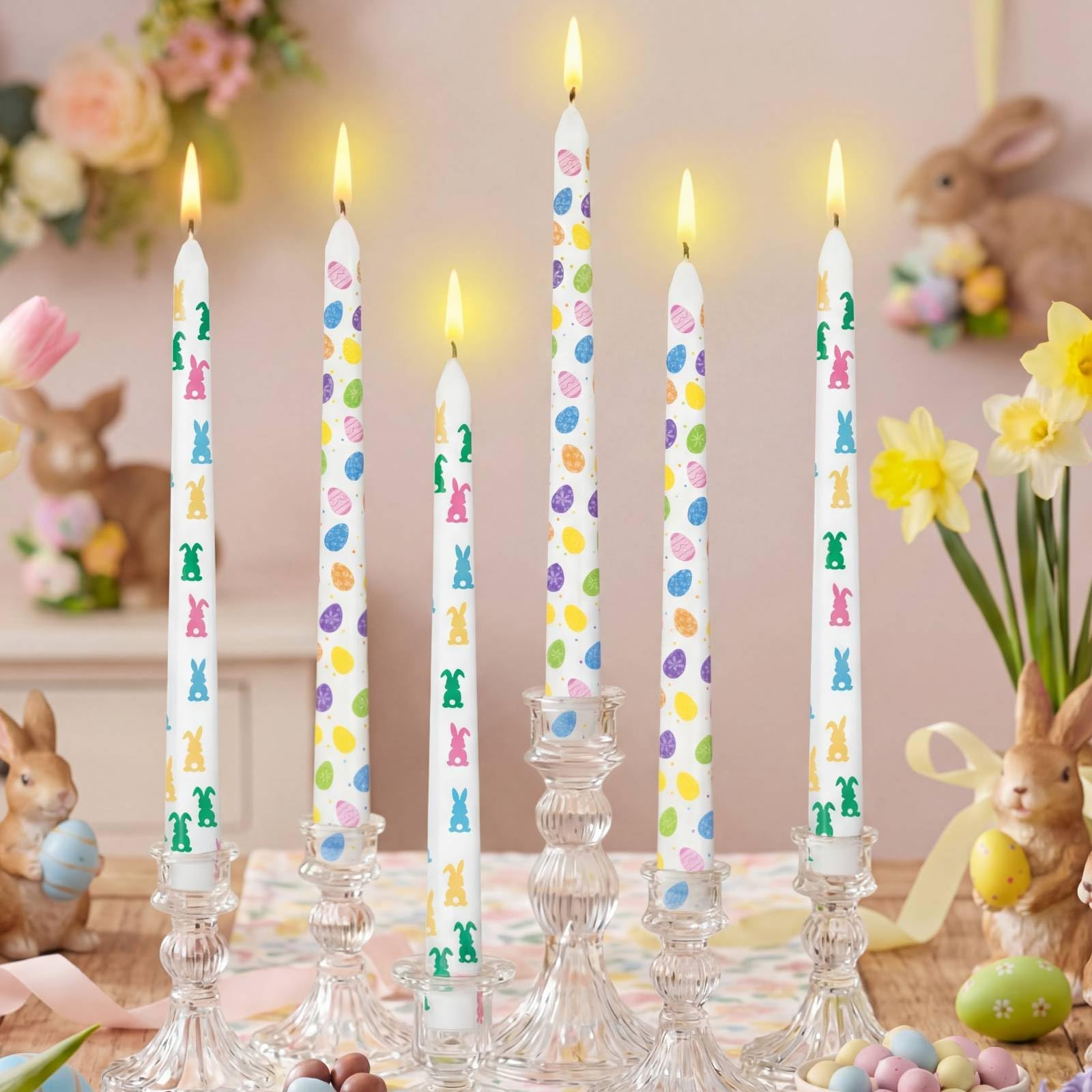 12 Pcs Easter Dripless Taper Candles 10 Inch Tall Unscented Candle Sticks Bunny Egg Candle Set Easter Gifts Holiday Decor for Dinner, Party, Wedding, Anniversary