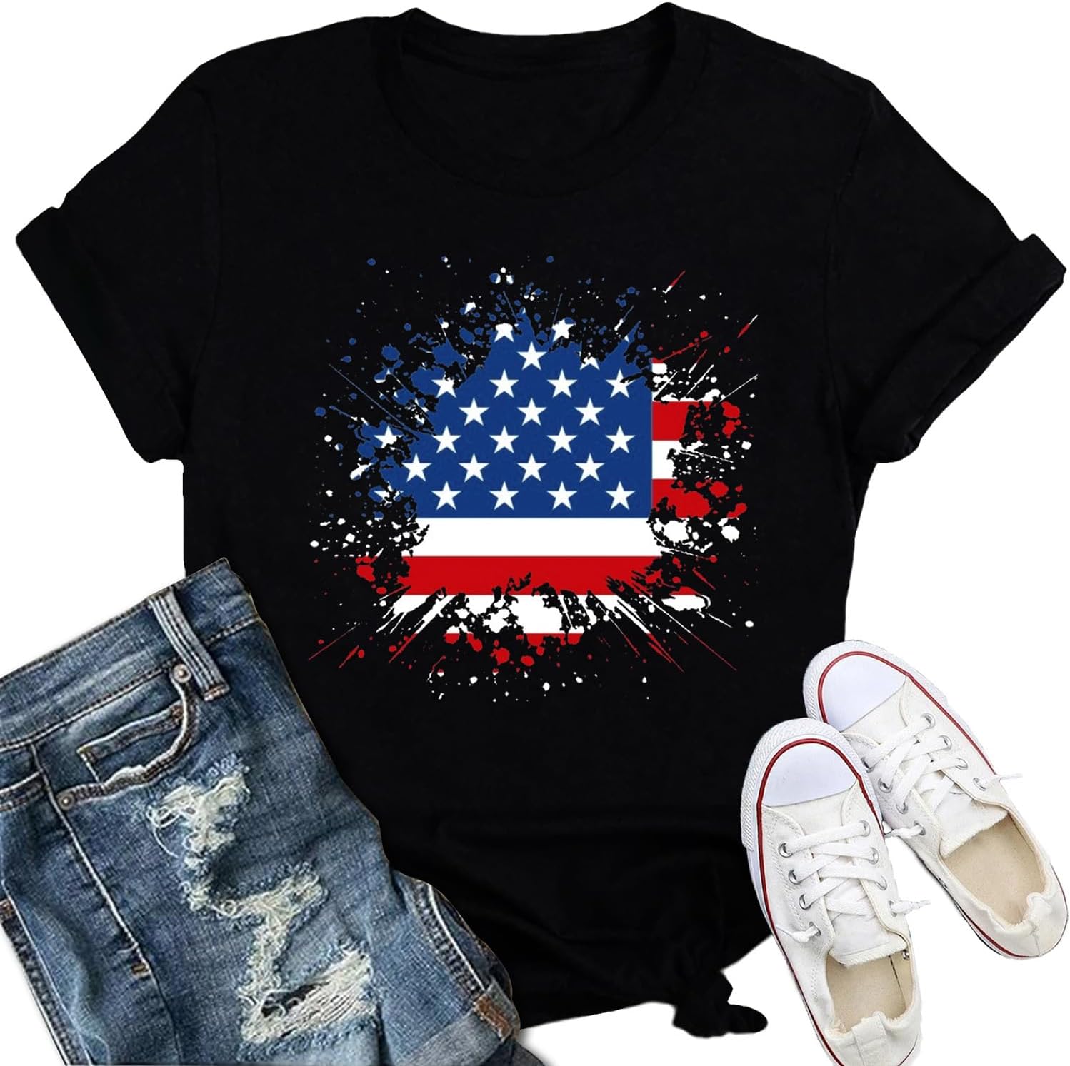Womens American Flag Shirt USA Fireworks Patriotic Print T-Shirt 4th of July Crewneck Tee