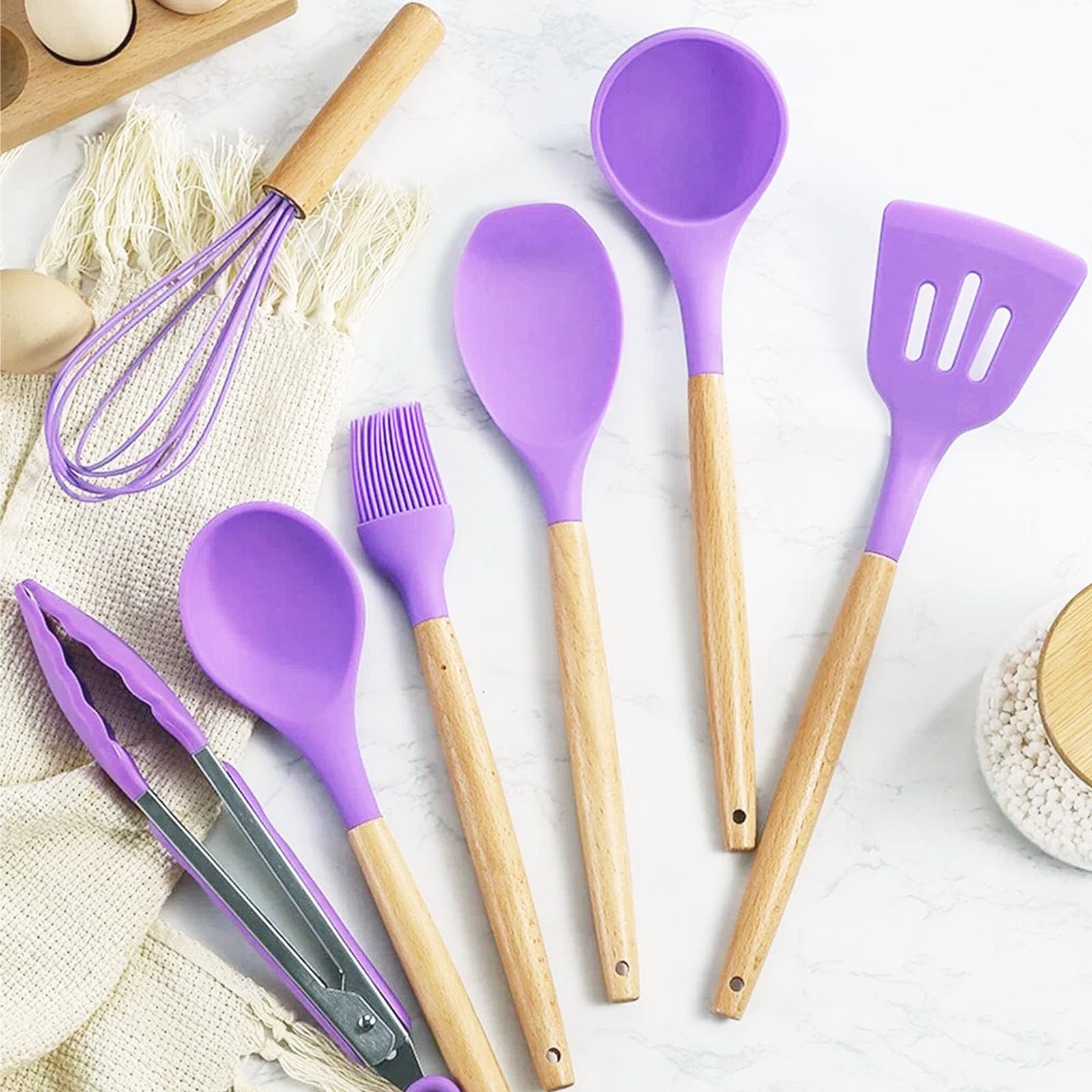 Set di utensili da cucina, 12 pezzi, set di utensili da cucina in silicone con manico in legno, resistenti al calore, antiaderenti, set di utensili da cucina in silicone, adatti per la cucina (viola)