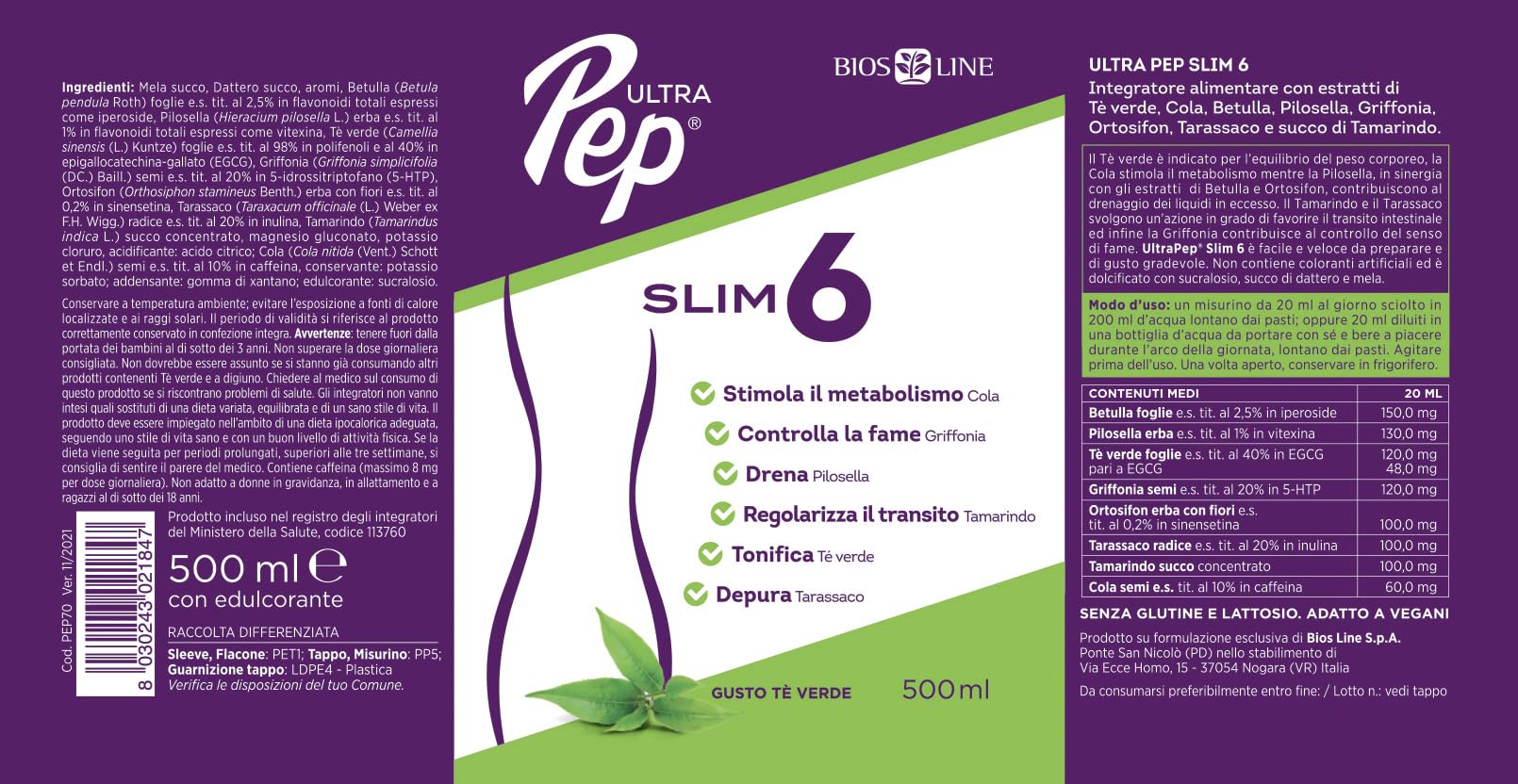 Bios Line Ultra Pep Slim 6 Nahrungsergänzungsmittel mit grünem Tee 500ml