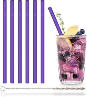 HALM Purple NEON Glass Straws 6 Pieces 20cm 6 Neon, + Plastic Free Cleaning Brush - Dishwasher Safe - Durable - Glass Injector Glass Straws for Long-Drinks, Smoothies, Juice