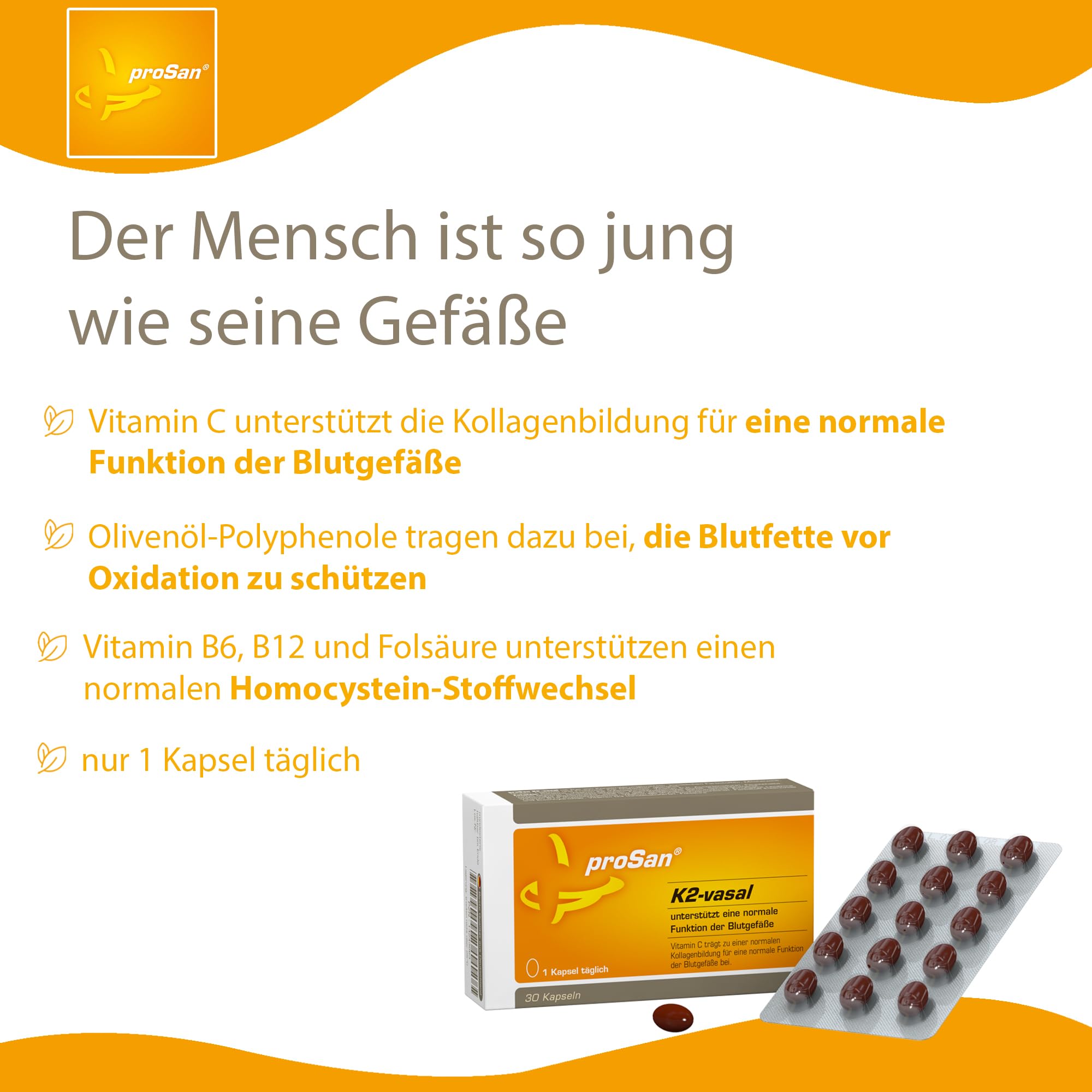 proSan K2-vasal (Monatspackung, 30 Kapseln) | 180 µg Vitamin K2, Vitamin C, Olivenöl-Polyphenole, Unterstützt Blutgefäße (Arterien) mit Vitamin C , Nur 1 Kapsel täglich