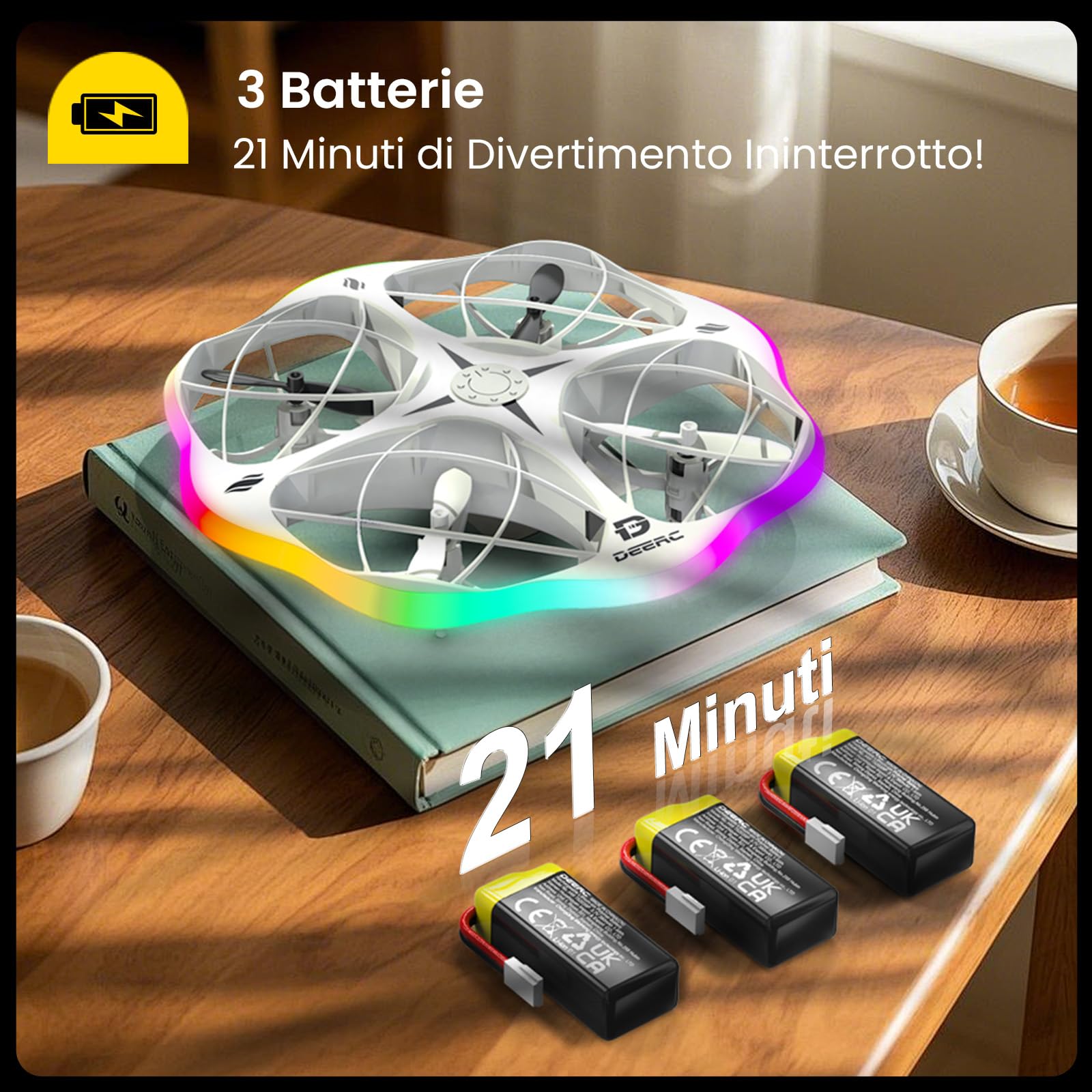 DEERC D13 Mini Drone per Bambini con 3 Batterie, Evitamento Ostacoli e LED | Mini UFO Facile da Usare con 6 Modalità LED, Lancio a Mano, Flip 3D, Regalo per Bambini 6-12 Anni