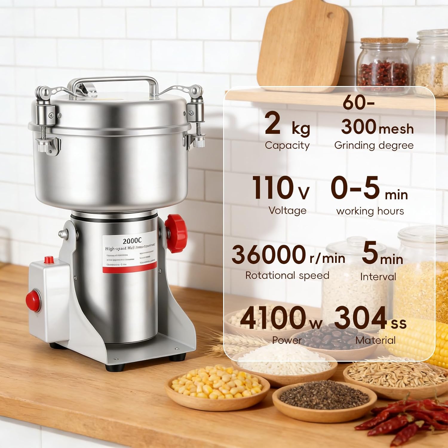 Electric Grain Mill Grinder, 2000g 304 Stainless Steel Flour Mill Grinder, 4100W 36000RPM High-Speed Spice Grinder for Home Kitchen, Adjustable 60-300 Mesh for Wheat Corn Oats Coffee Beans