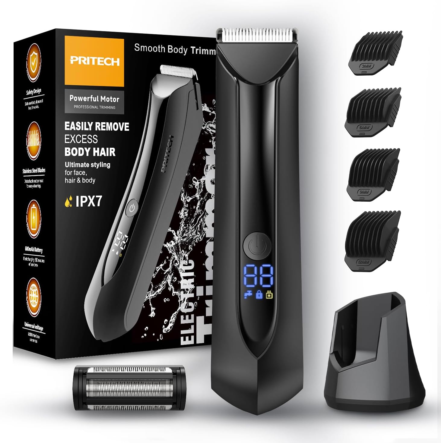 PRITECH Electric Body Hair Trimmer - Waterproof Mens Groin Hair Trimmer Ball Shaver USB Recharge Dock Body Grooming Kit with Ceramic Blade Male Hygiene Razor (Drak Gray)