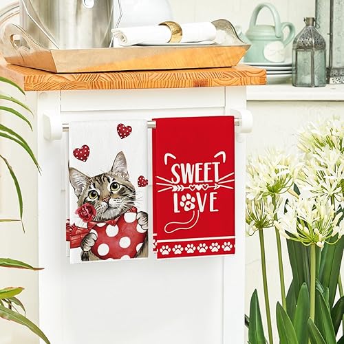 Miniatura 4 de Artoid Mode Juego de 2 toallas de cocina para el día de San Valentín, diseño de corazón de gato rojo, 18 x 26 pulgadas, decoración de boda, juego de