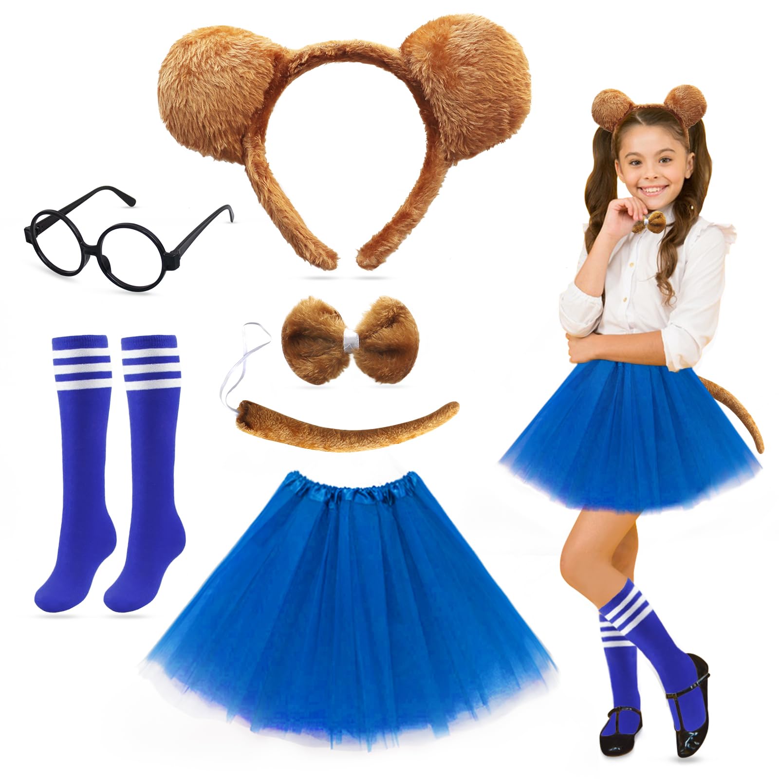 7 PCS Kids Chipmunks Fancy Dress Outfit,Chipmunks Costumes Set including Chipmunk Headbands,Tail,Bow Tie,Glasses,Tutu Skirt,Socks,Chipmunks Costumes for World Book Day Halloween Party Animal Cosplay (Blue)