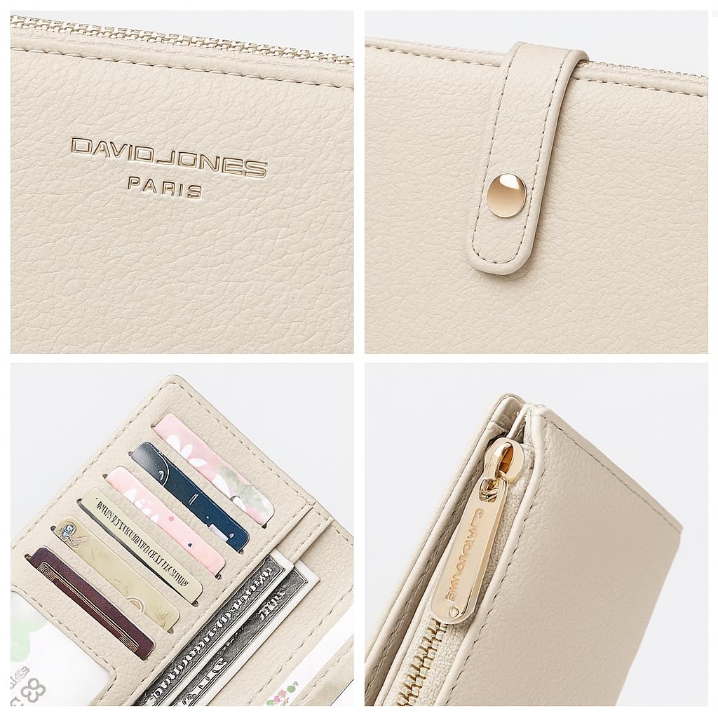 David Jones - Portefeuille Compagnon Femme Simili Cuir - Porte-Cartes Long Porte-Monnaie Cuir synthétique PU - Poche à Billets et Pièces - Beige