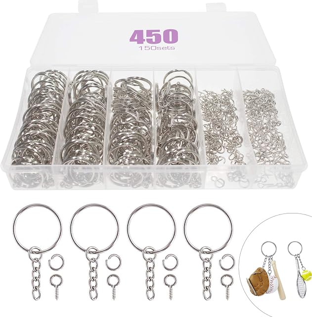 WZYTEU Keyring kit, 150pcs Key Ring with Link Chain 150pcs Open Jump Rings 150pcs Eye Screws and 1pcs Organizer Box, for DIY Art Craft Jewellery Making